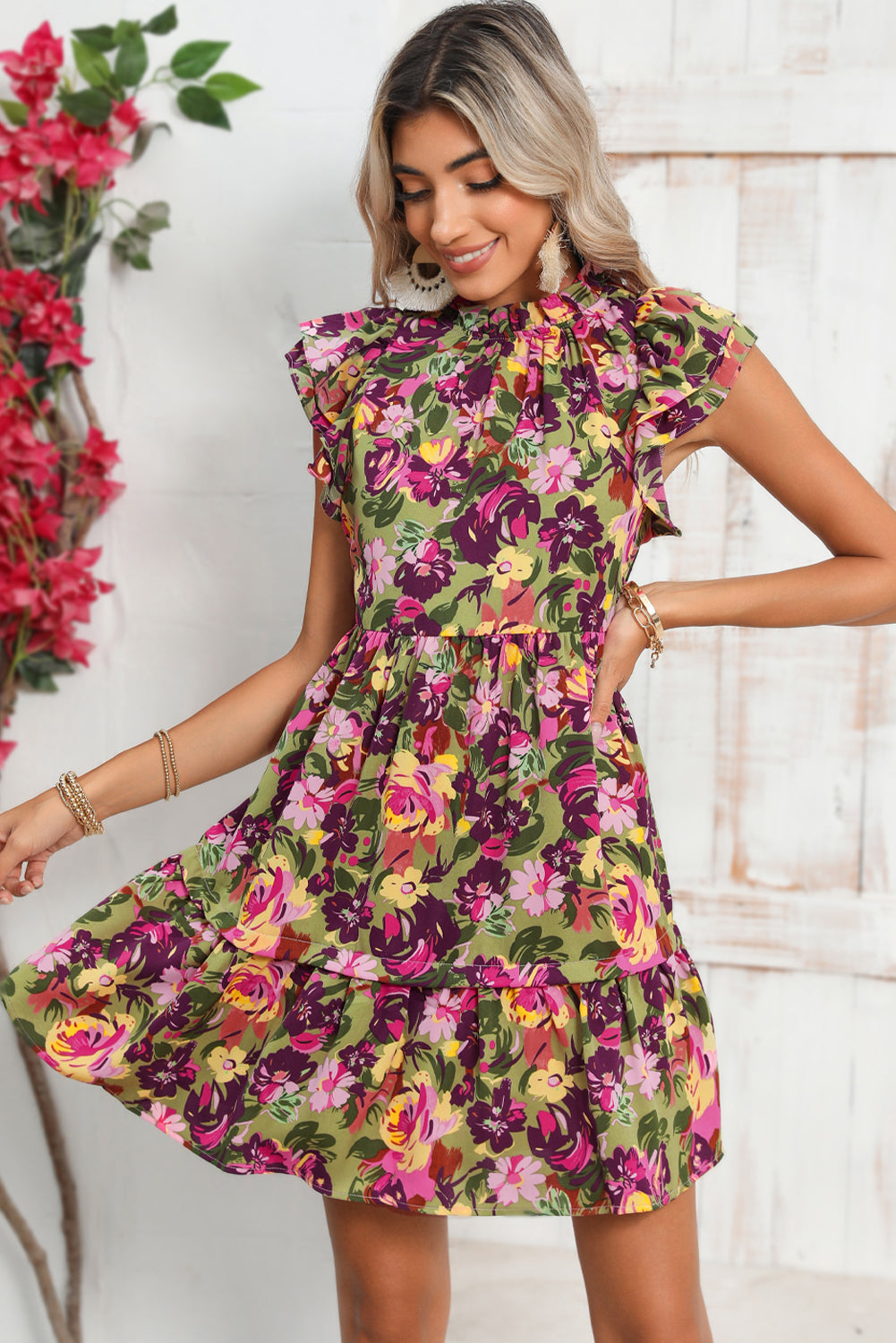 Green Floral Print Flutter Shoulder Ruffled Mini Dress