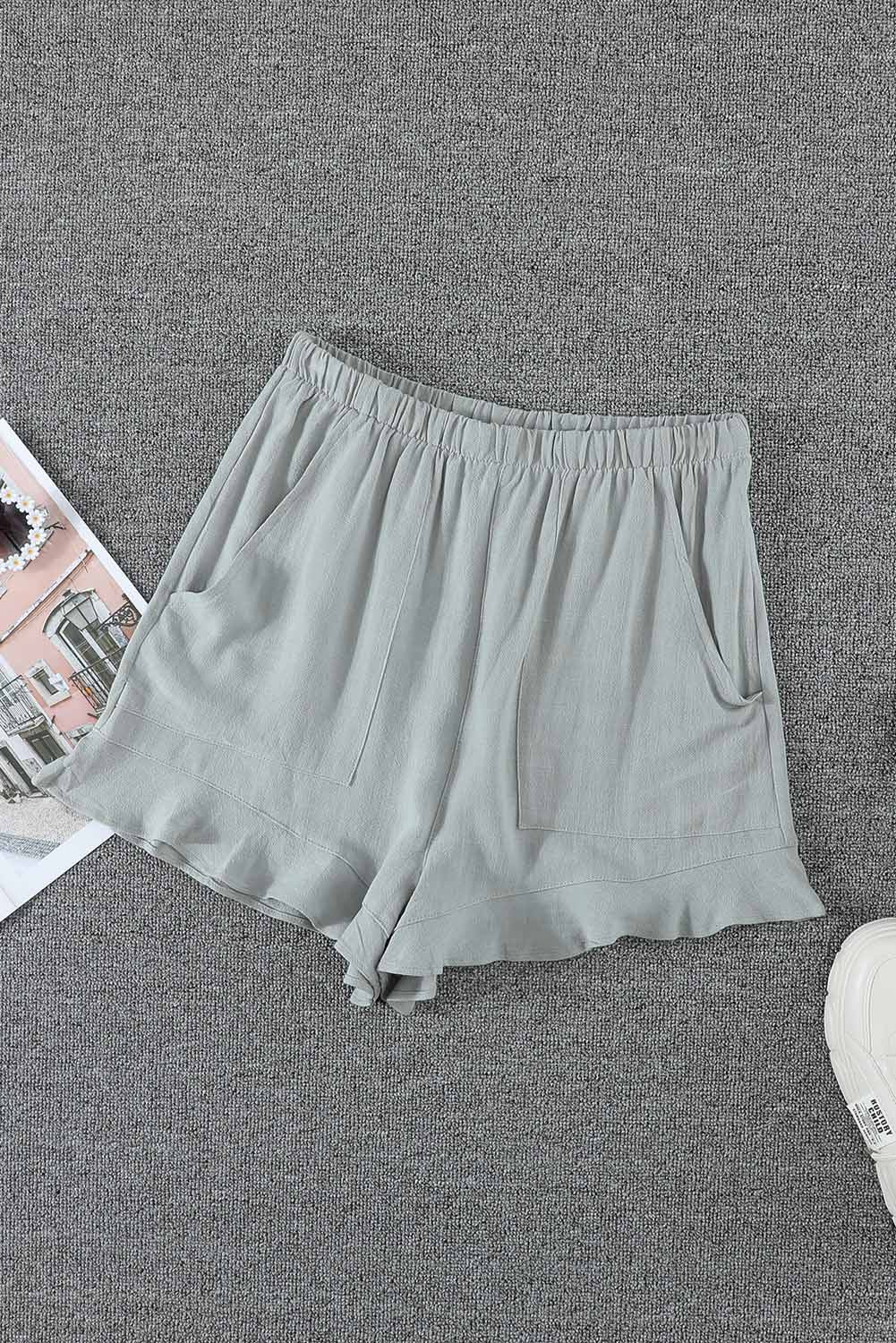 Green Casual Pocketed Ruffle High Waisted Shorts