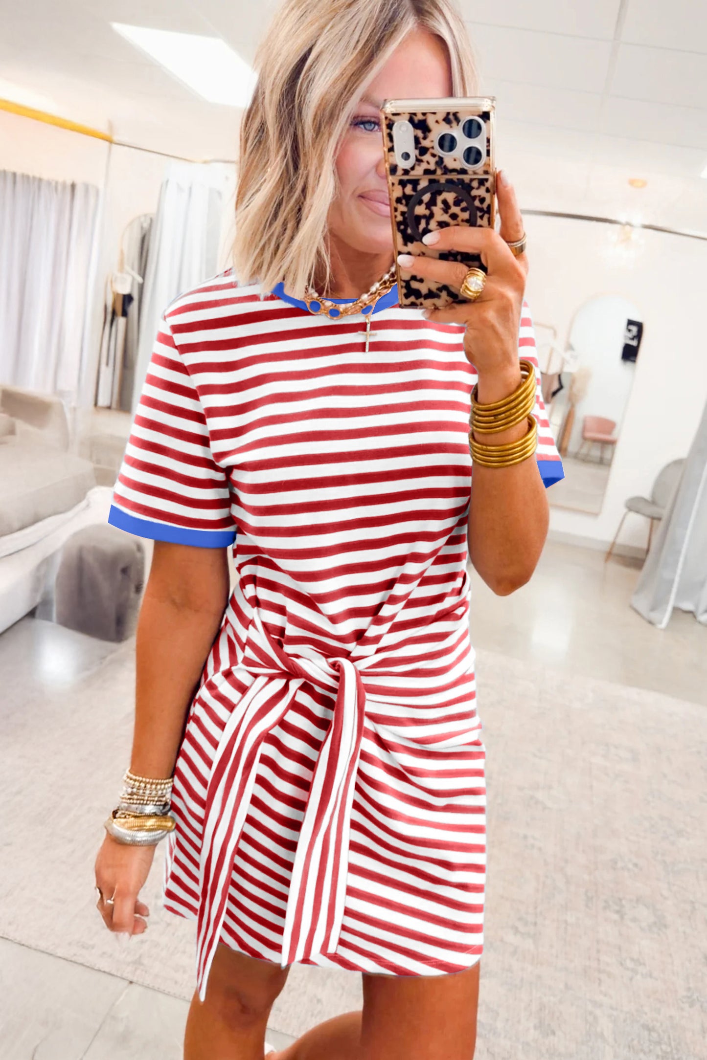 Green Stripe Nautical Tie Contrast Trim Round Neck T Shirt Mini Dress