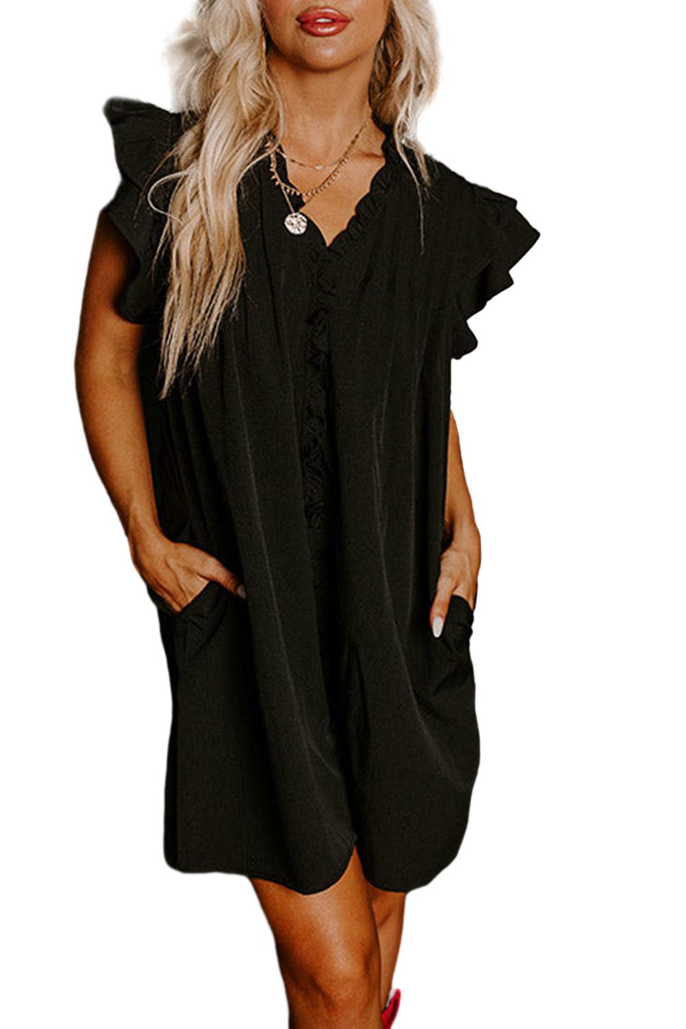 Black Ruffle Sleeve V Neck Frilled Shift Dress