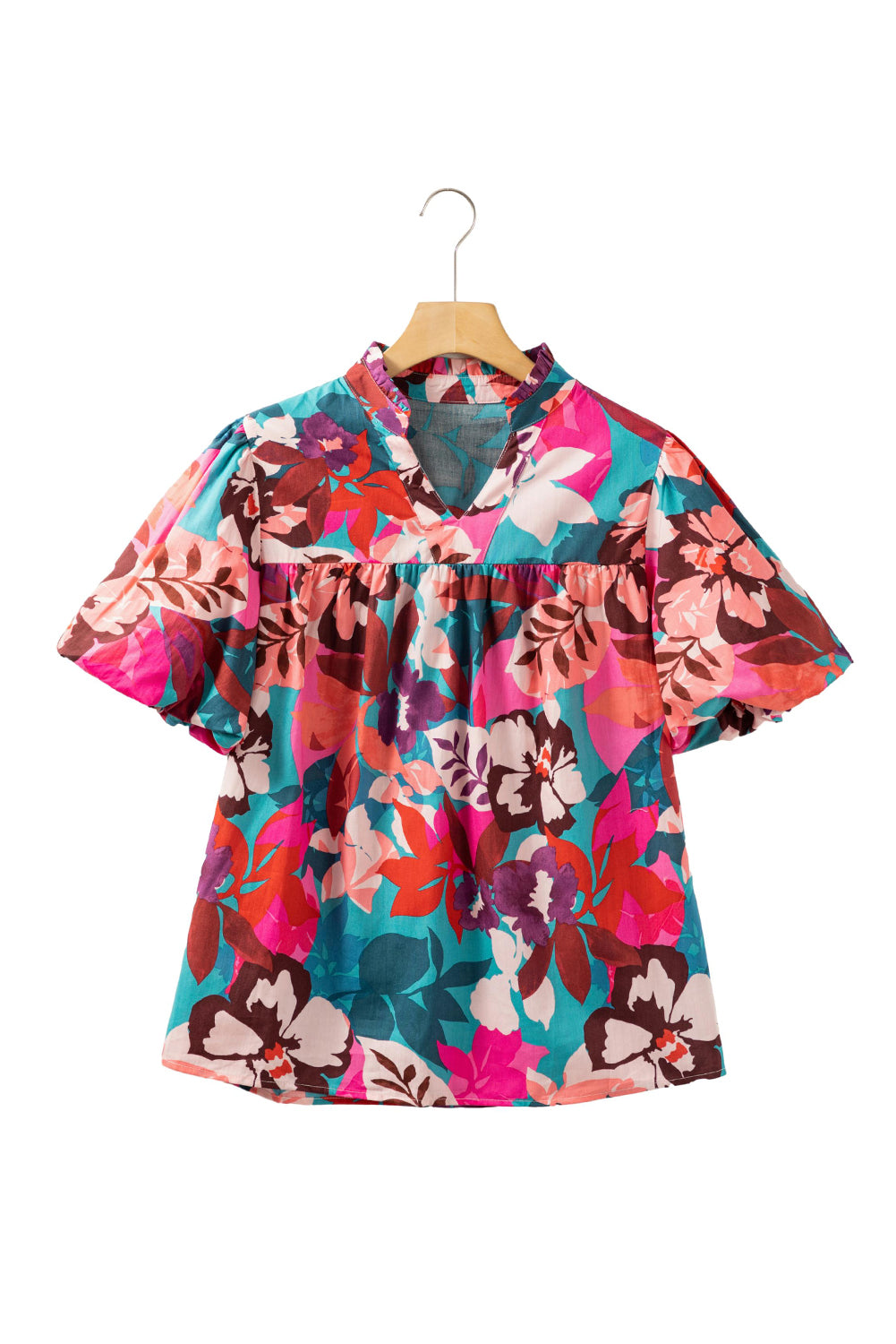 Rose Red Floral Print V Neck Lantern Sleeve Blouse