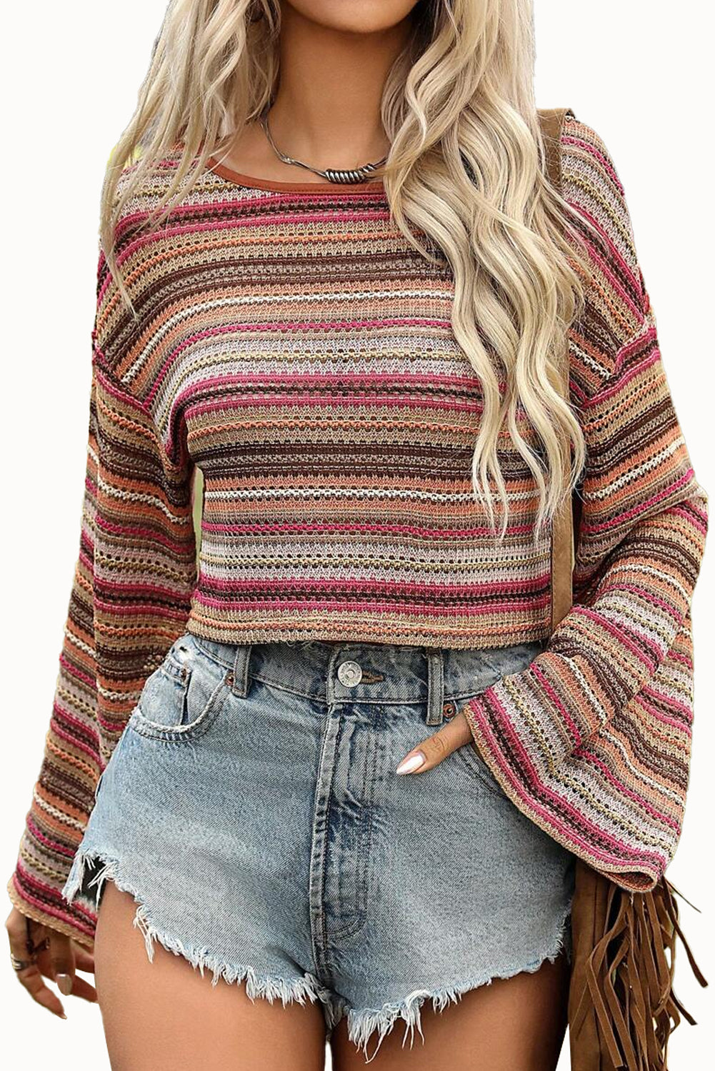 Rose Red Ethnic Striped Cropped Long Sleeve Top