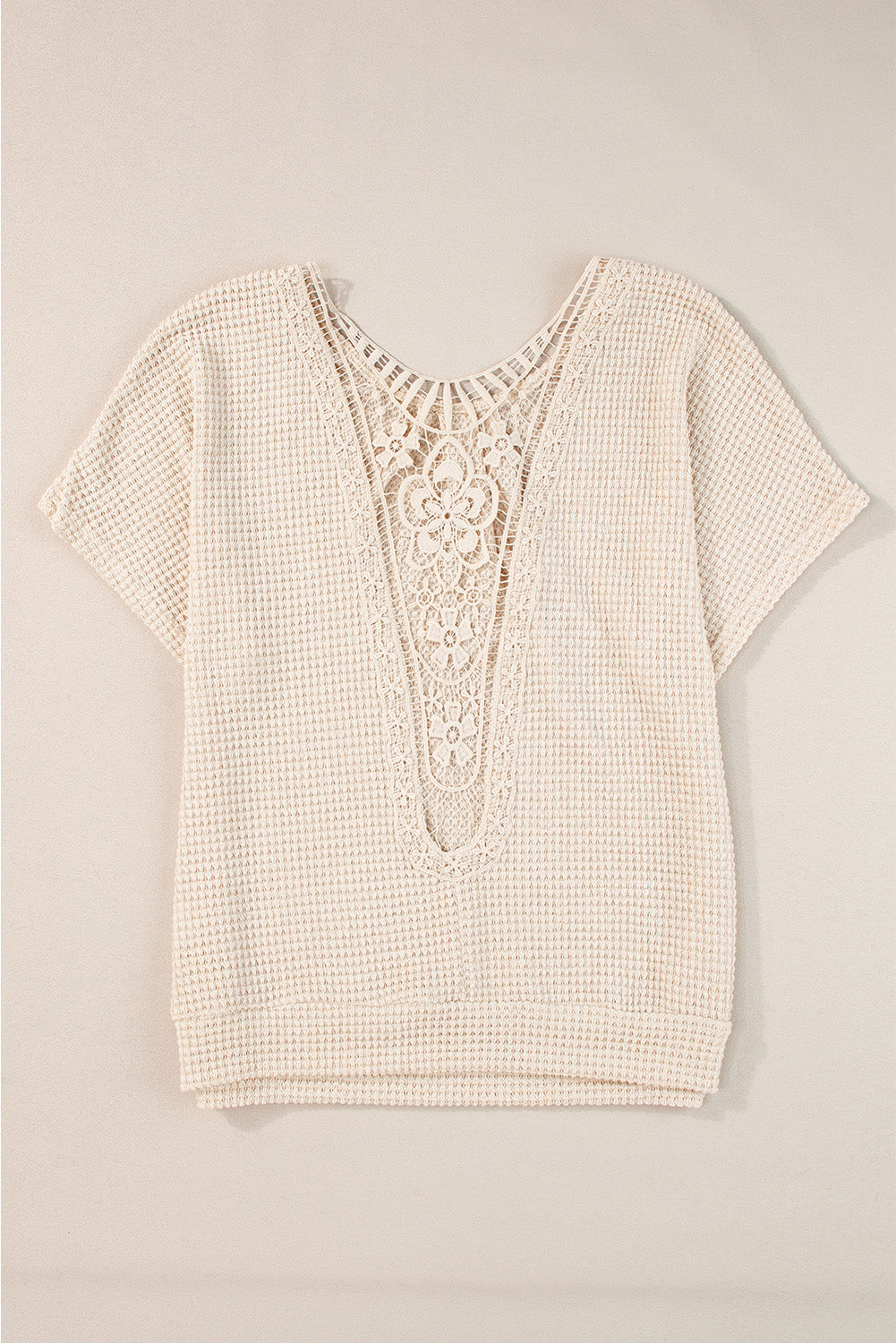 Oatmeal Guipure Lace Splicing Back Waffle Textured T-shirt