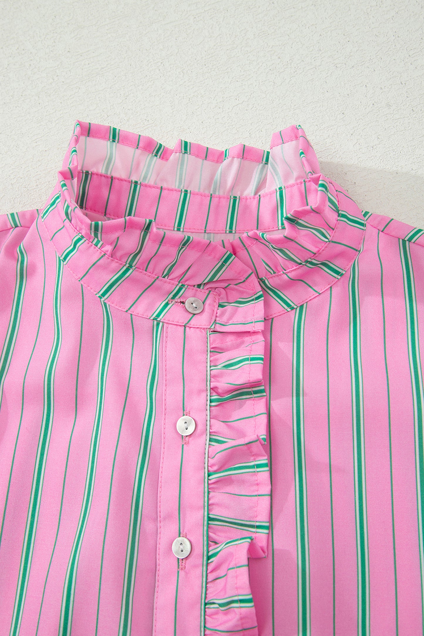 Pink Stripe Ruffle Trim Half Button Short Puff Sleeve Blouse