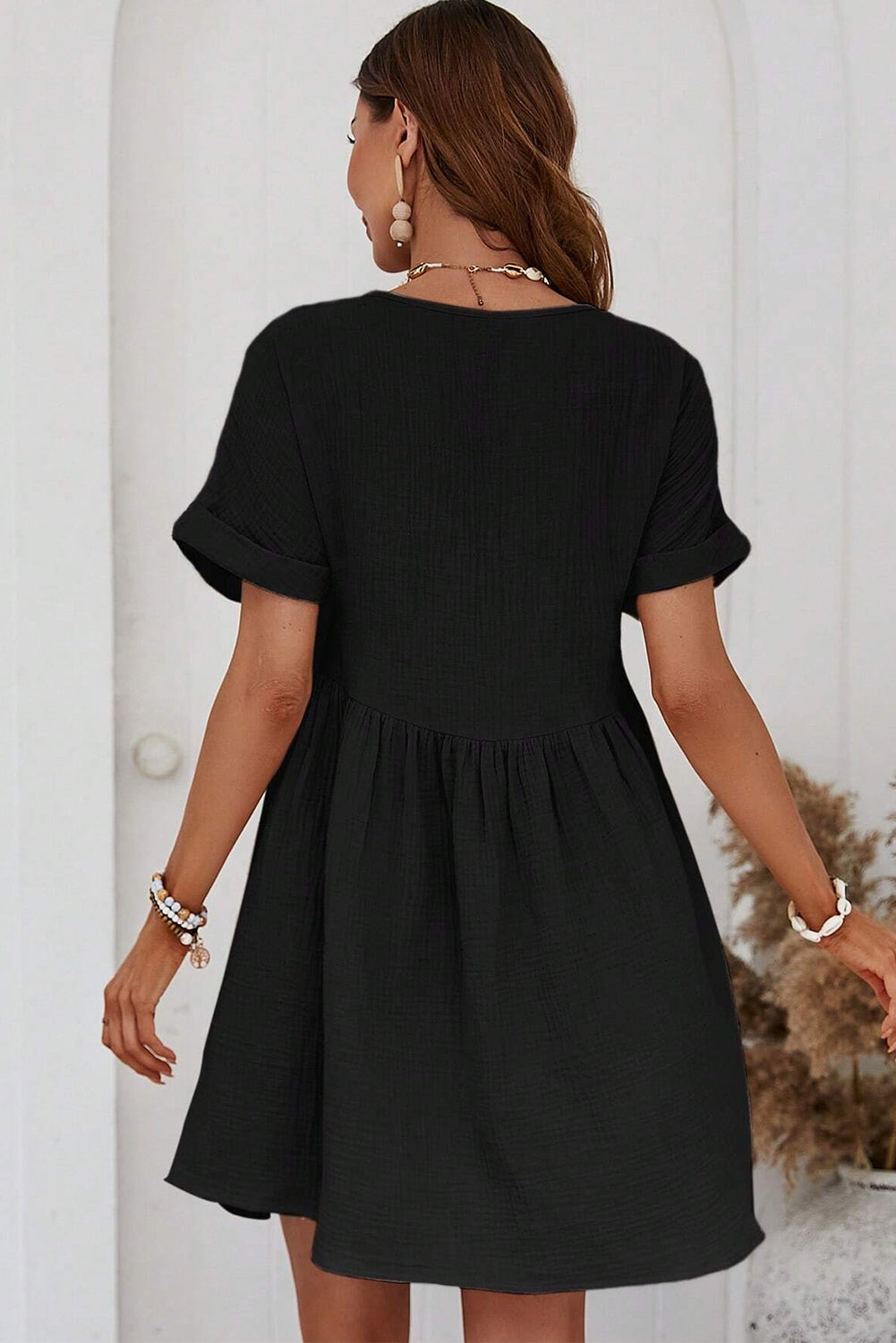 Wholesale Black Folded Short Sleeve Lace V Neck Mini Dress