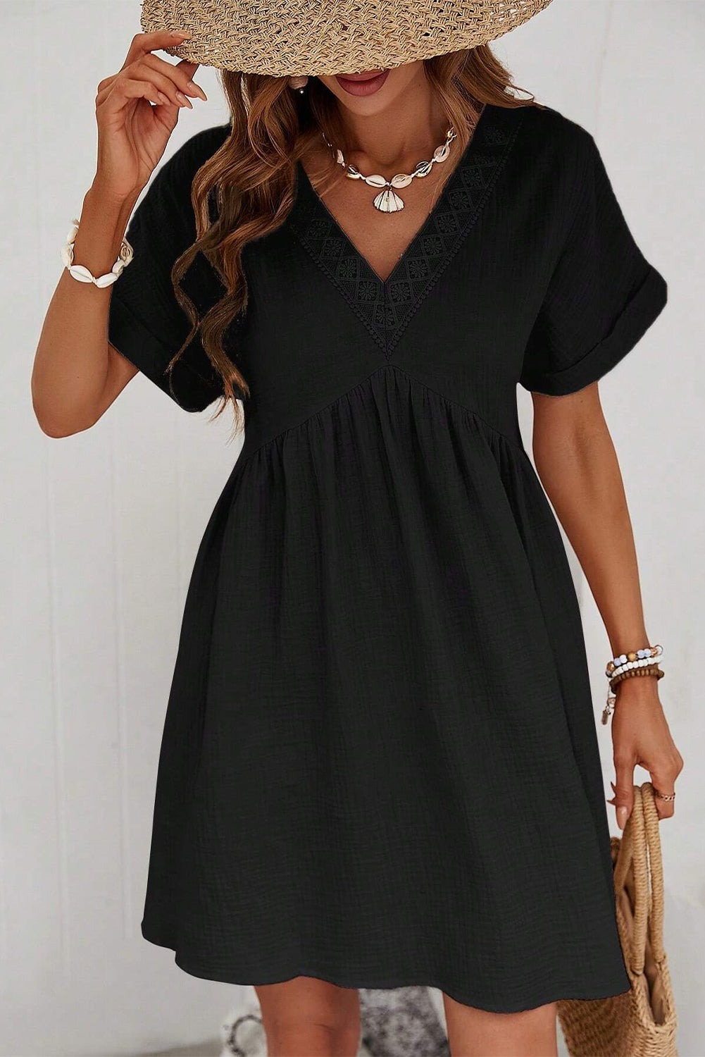 Wholesale Black Folded Short Sleeve Lace V Neck Mini Dress