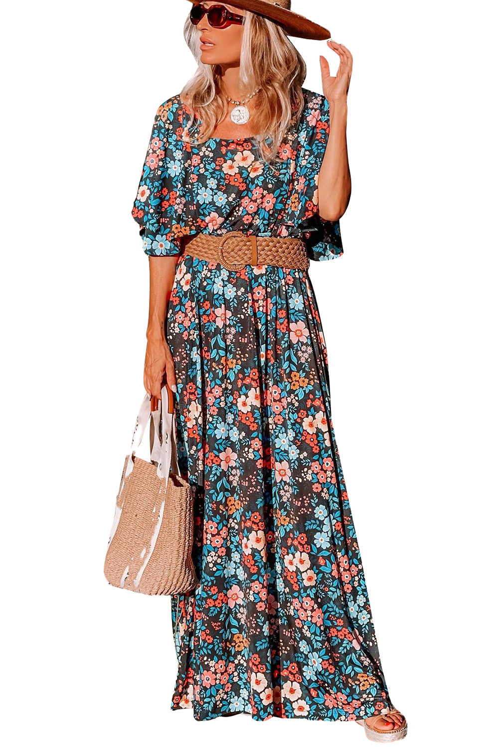 Sky Blue Boho Floral Print Knotted Backless Maxi Dress