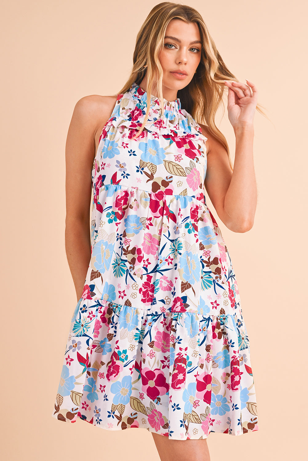 White Frill Mock Neck Sleeveless Tiered Floral Dress