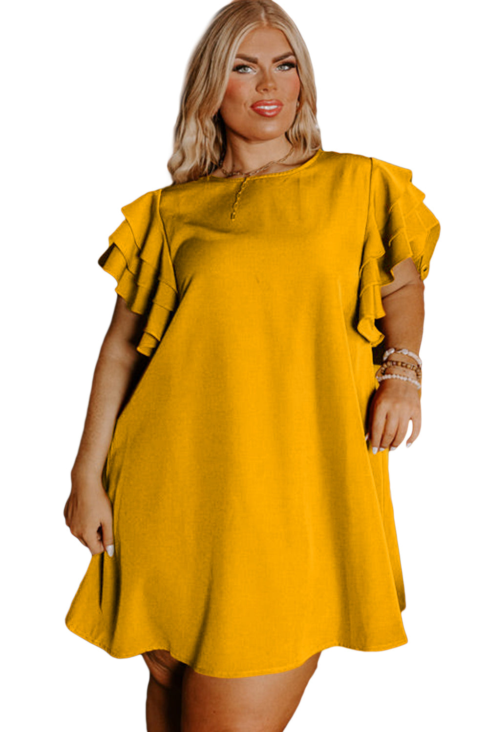 Grapefruit Orange Tiered Ruffled Sleeve Plus Size Mini Dress