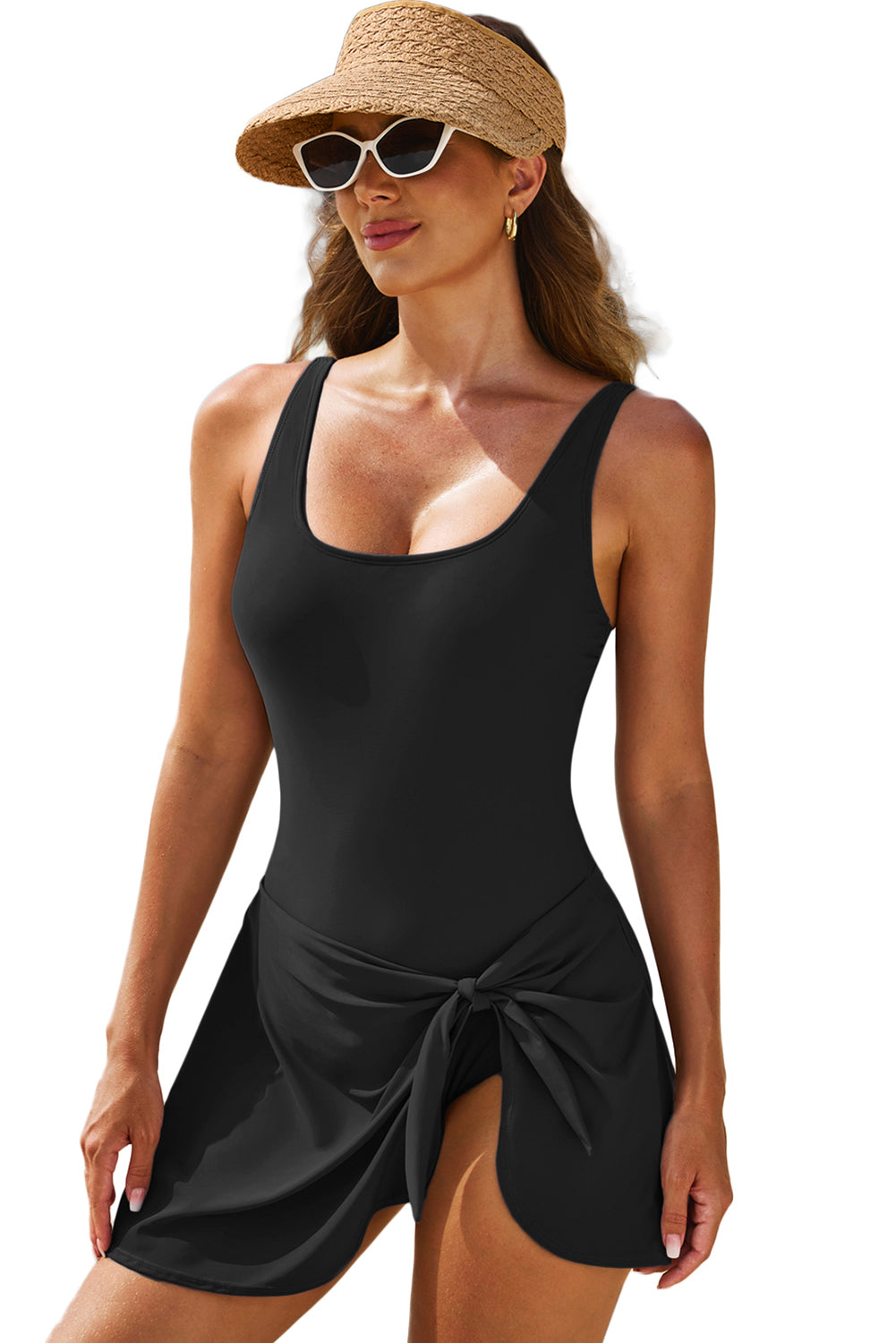 Black Knotted Split Skirt One Piece Swim Dress