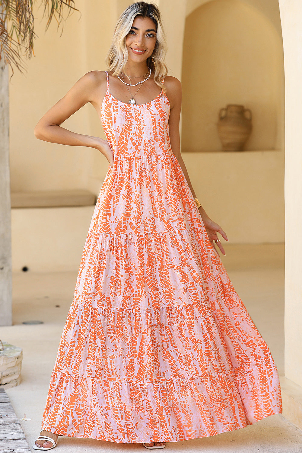 Orange Abstract Print Backless Tiered Maxi Dress