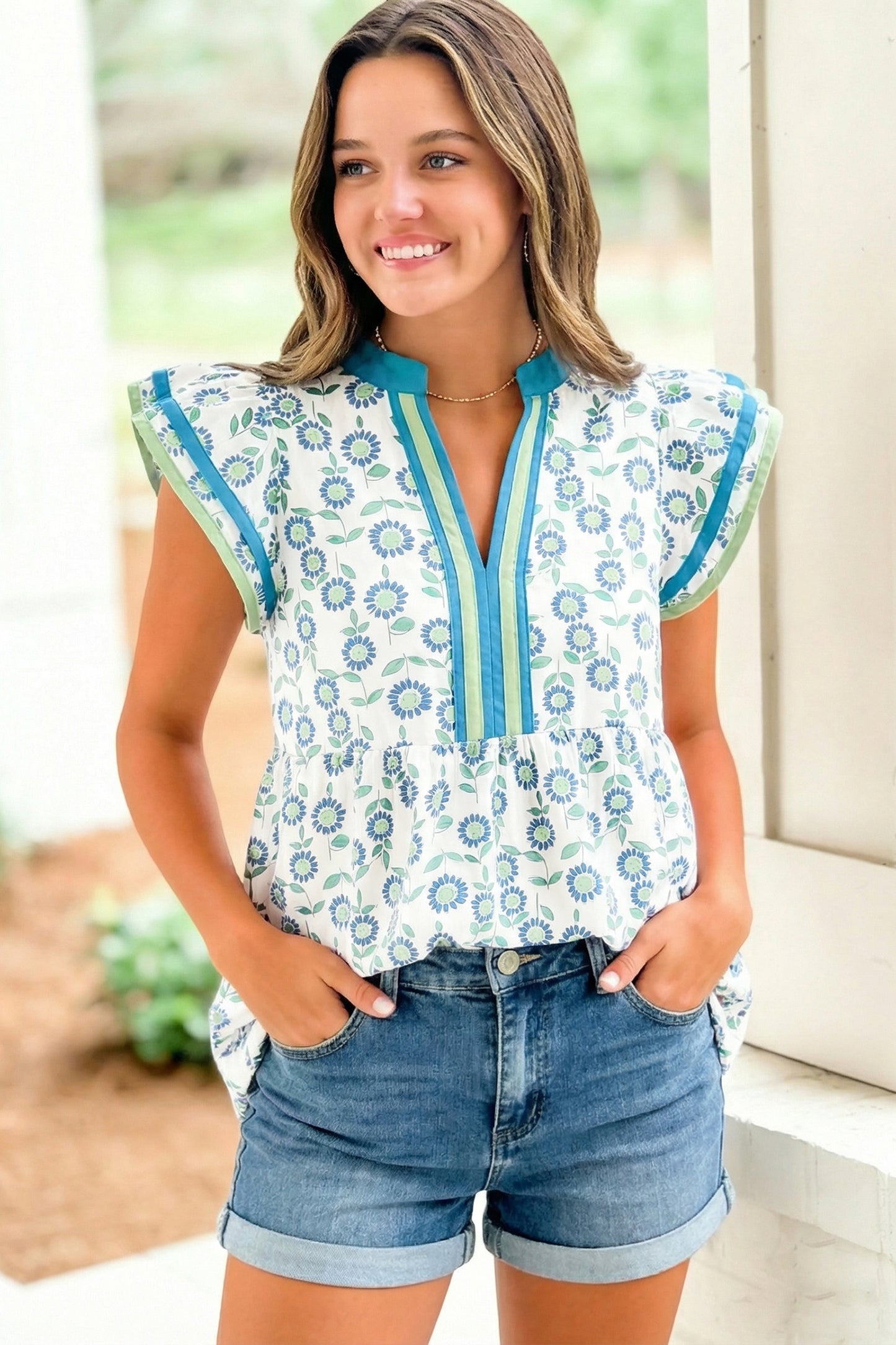 Red Sunflower Printed Contrast Trim V Neck Flutter Sleeve Blouse