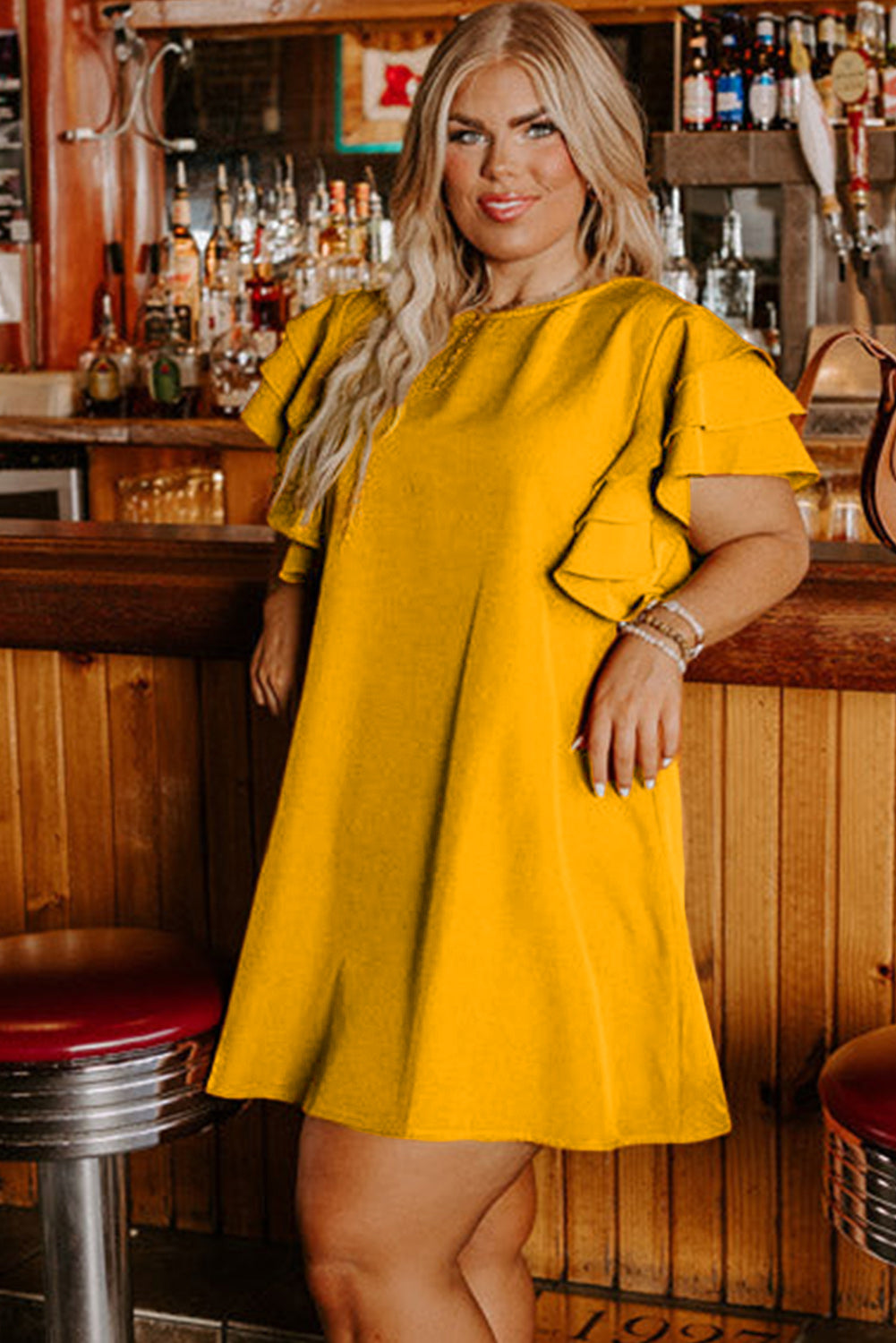 Grapefruit Orange Tiered Ruffled Sleeve Plus Size Mini Dress