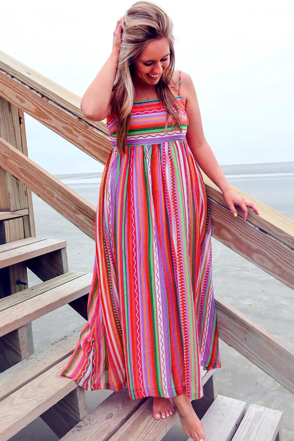 Multicolour Boho Striped Spaghetti Strap Smocked Back Maxi Dress