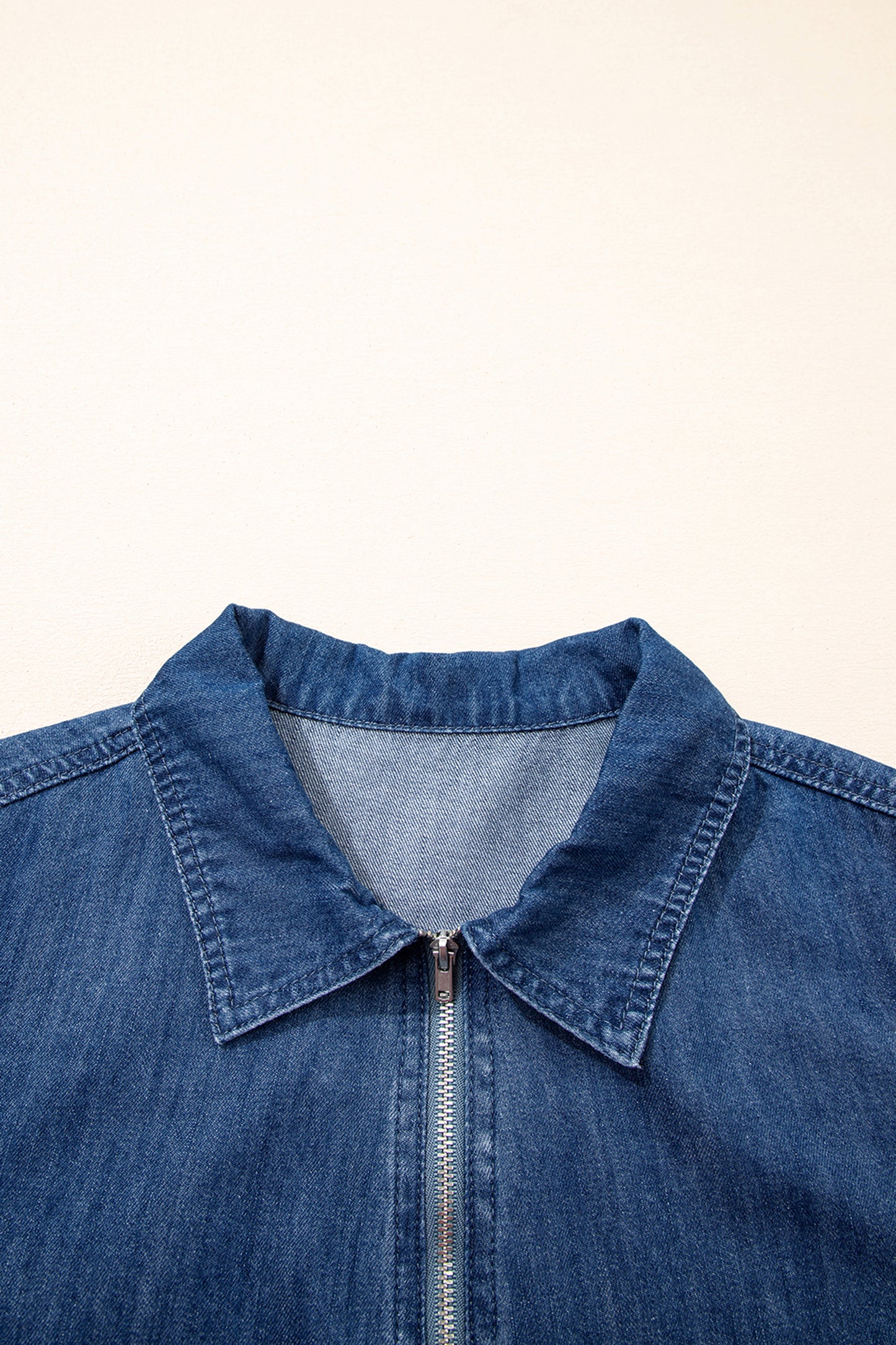 Blue Zip up Collared Short Sleeve Shift Mini Denim Dress