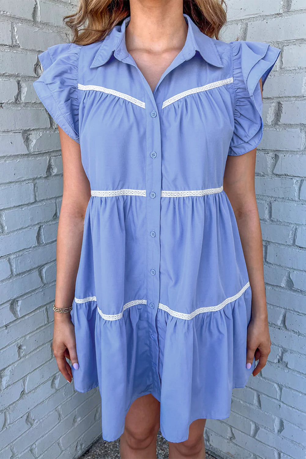 Wholesale Sky Blue Collared Ruffle Tiered Babydoll Dress