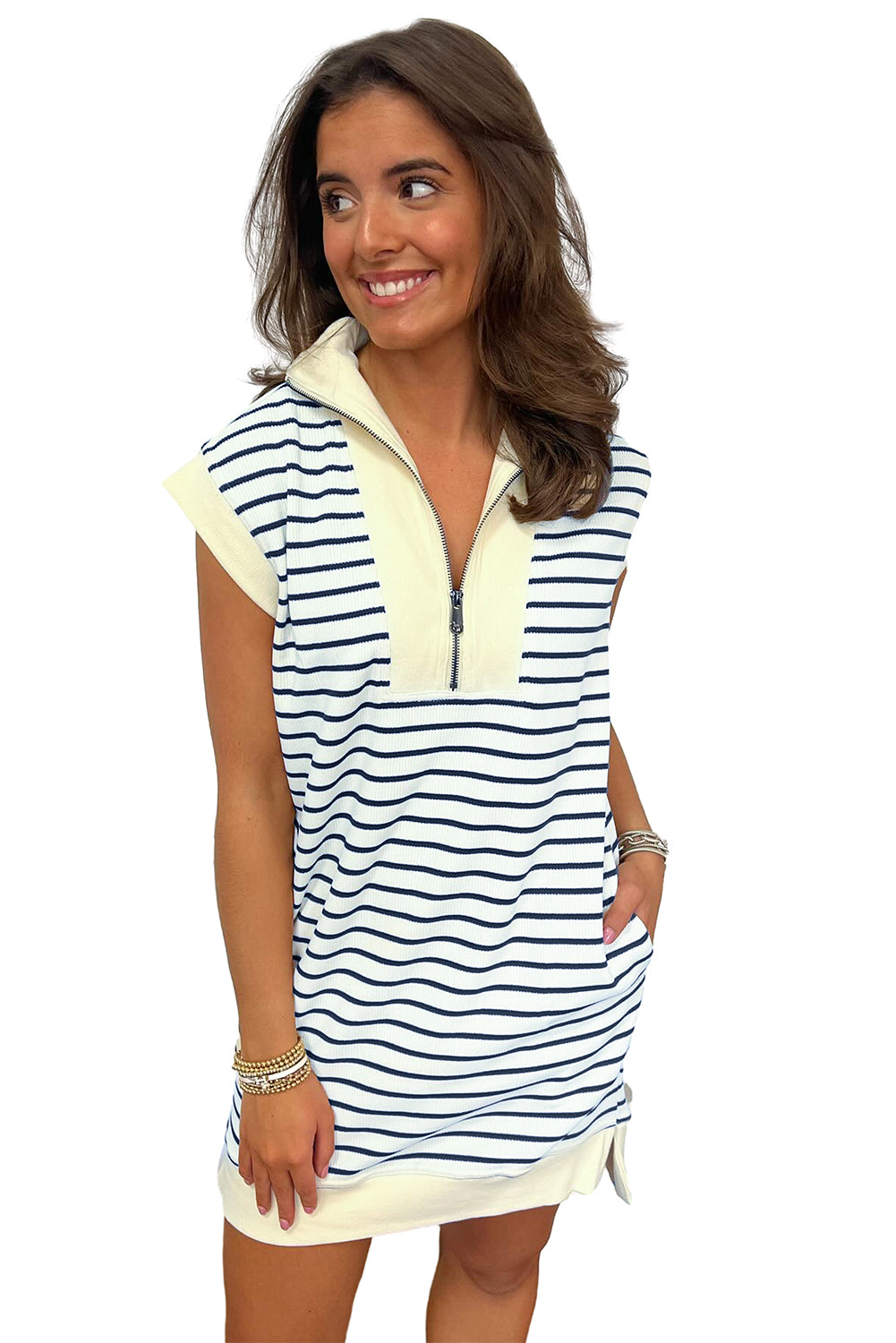 Navy Blue Striped Quarter Zip Collar Cap Sleeve Mini Dress