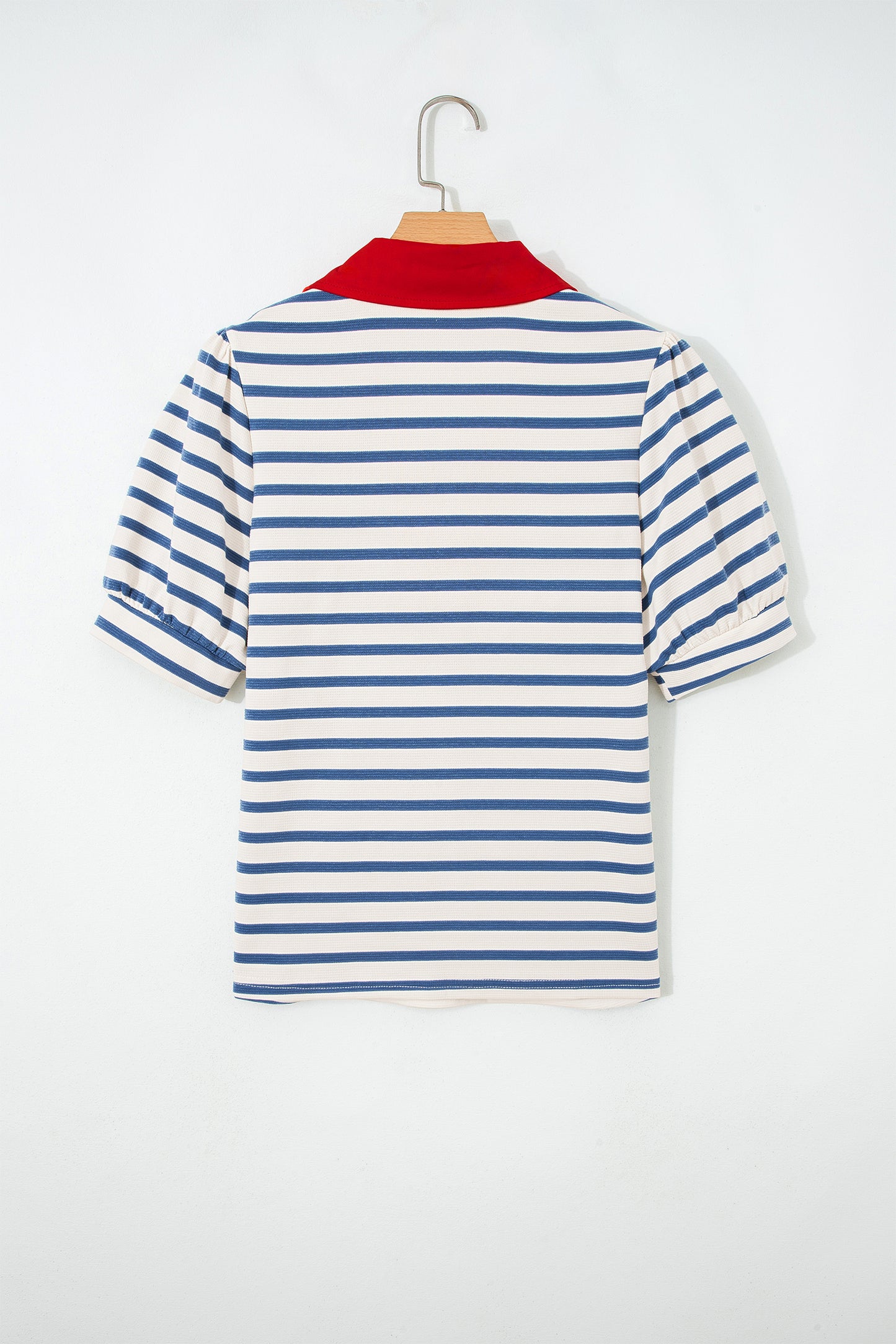 Black Stripe Short Puff Sleeve Color Block Polo Collar Blouse