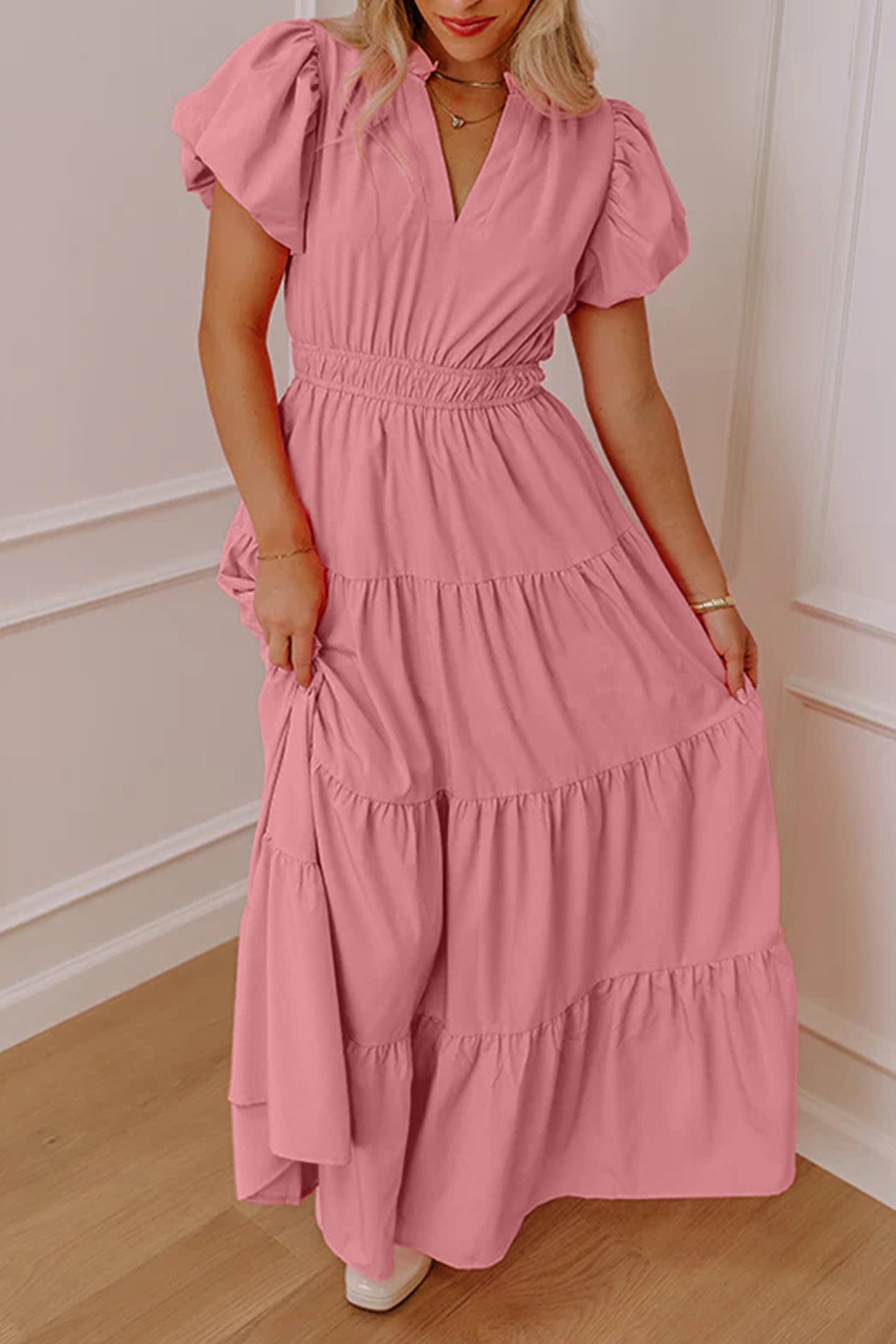 Lavendula Solid Color V Neck Short Puff Sleeve High Waist Tiered Maxi Dress