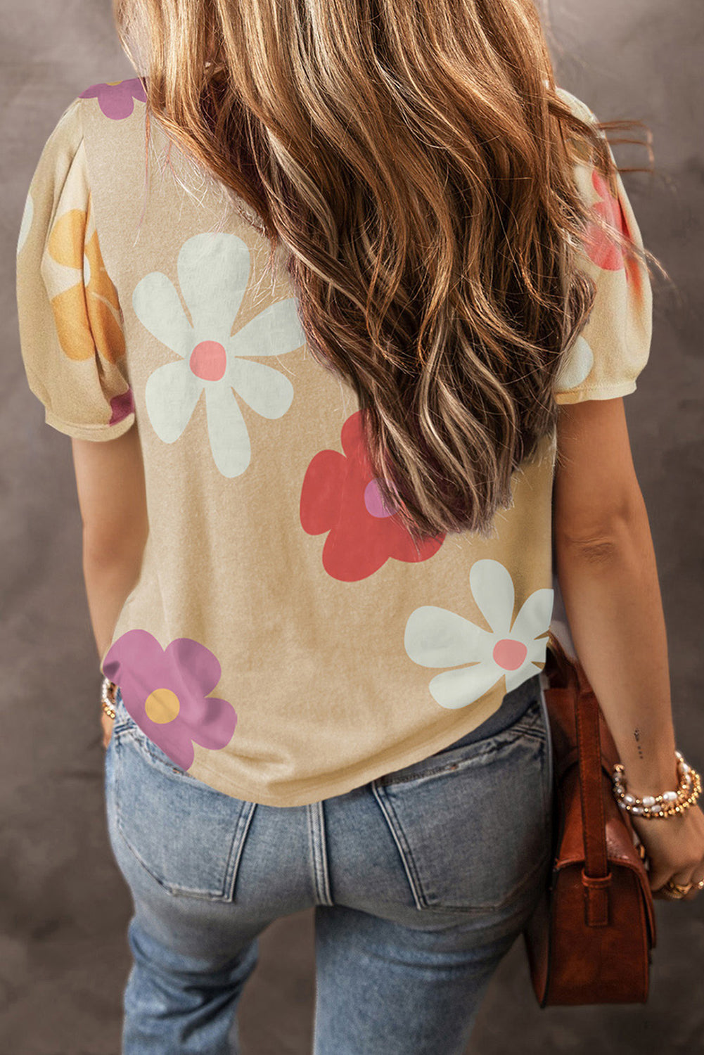 Sky Blue Colorful Flower Print Bubble Sleeve Tee