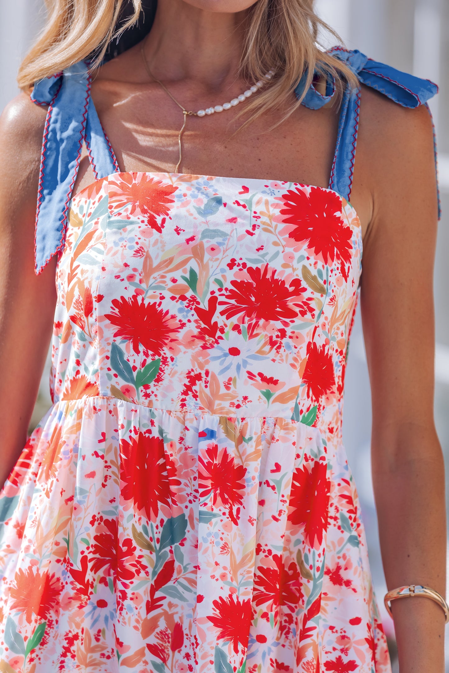 Yellow Floral Print Contrast Stitched Knot Denim Straps High Waist Dress