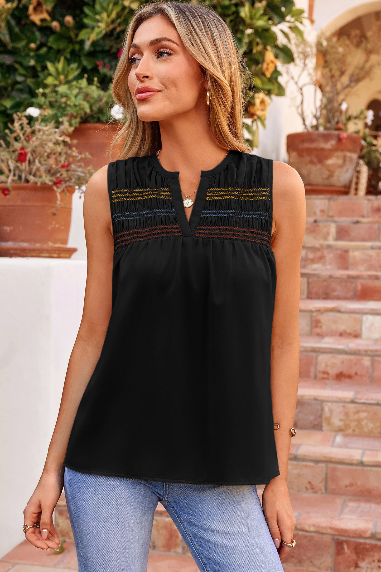 Jungle Green Shirred Contrast Stitch V Neck Sleeveless Shift Top