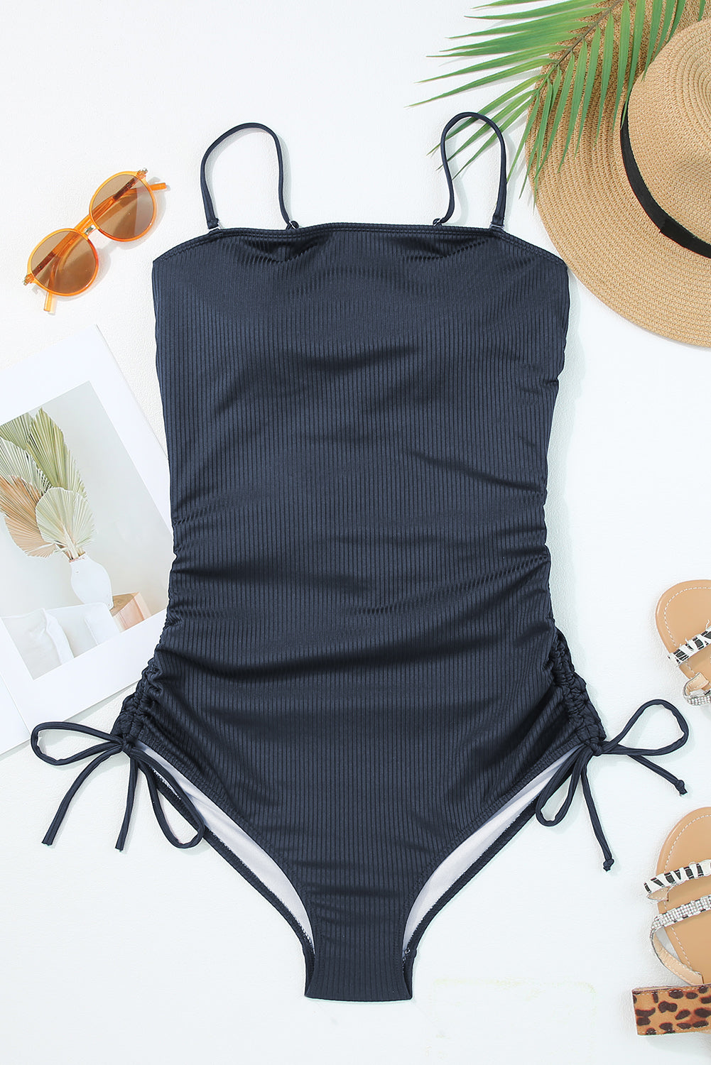 Navy Blue Side Drawstring Cutout Ribbed One Piece Swimsuit