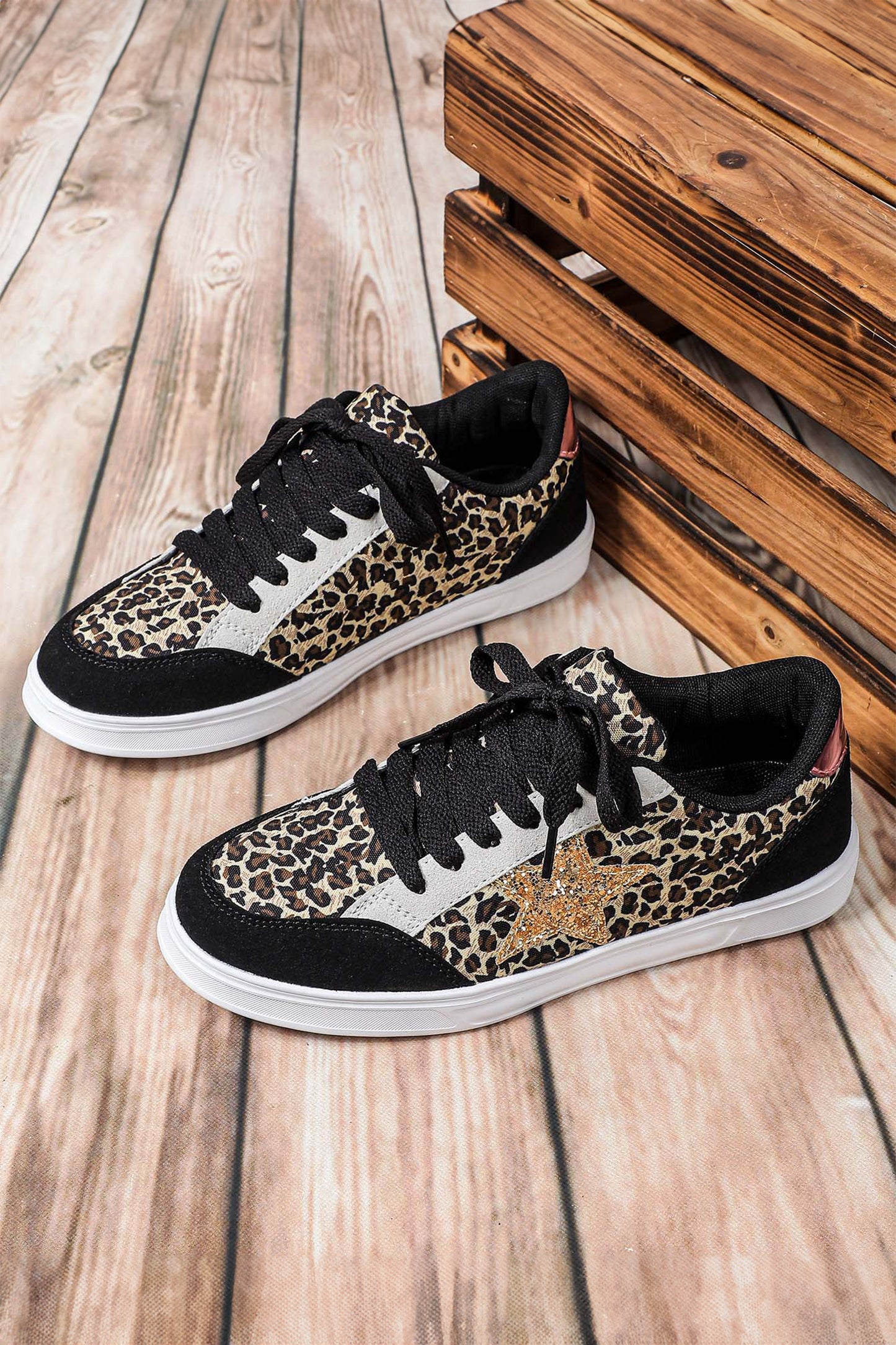 Rose Red Stylish Color Block Glitter Star Patchwork Lace-up Flat Shoes