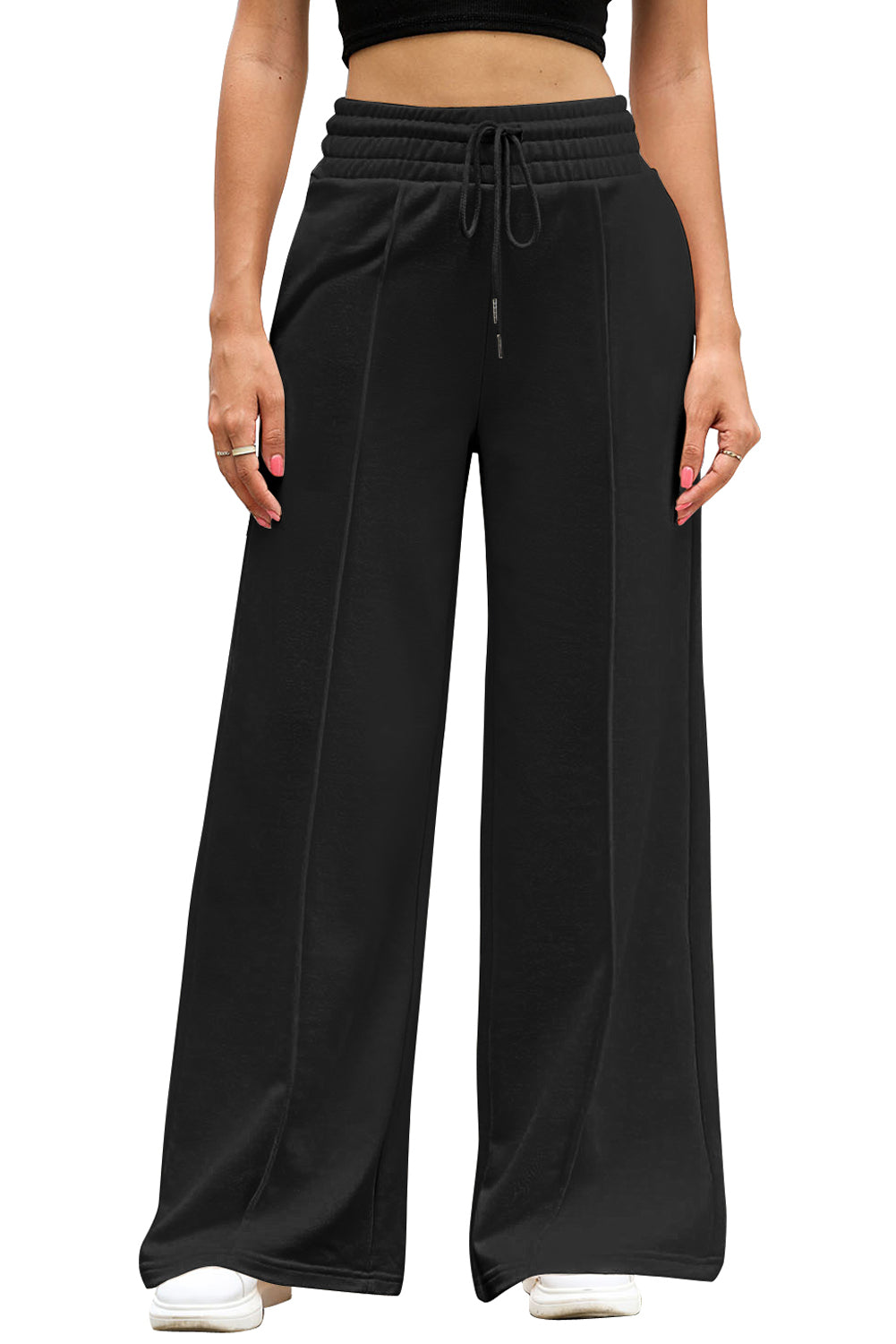 Black Drawstring Smocked Waist Wide Leg Pants