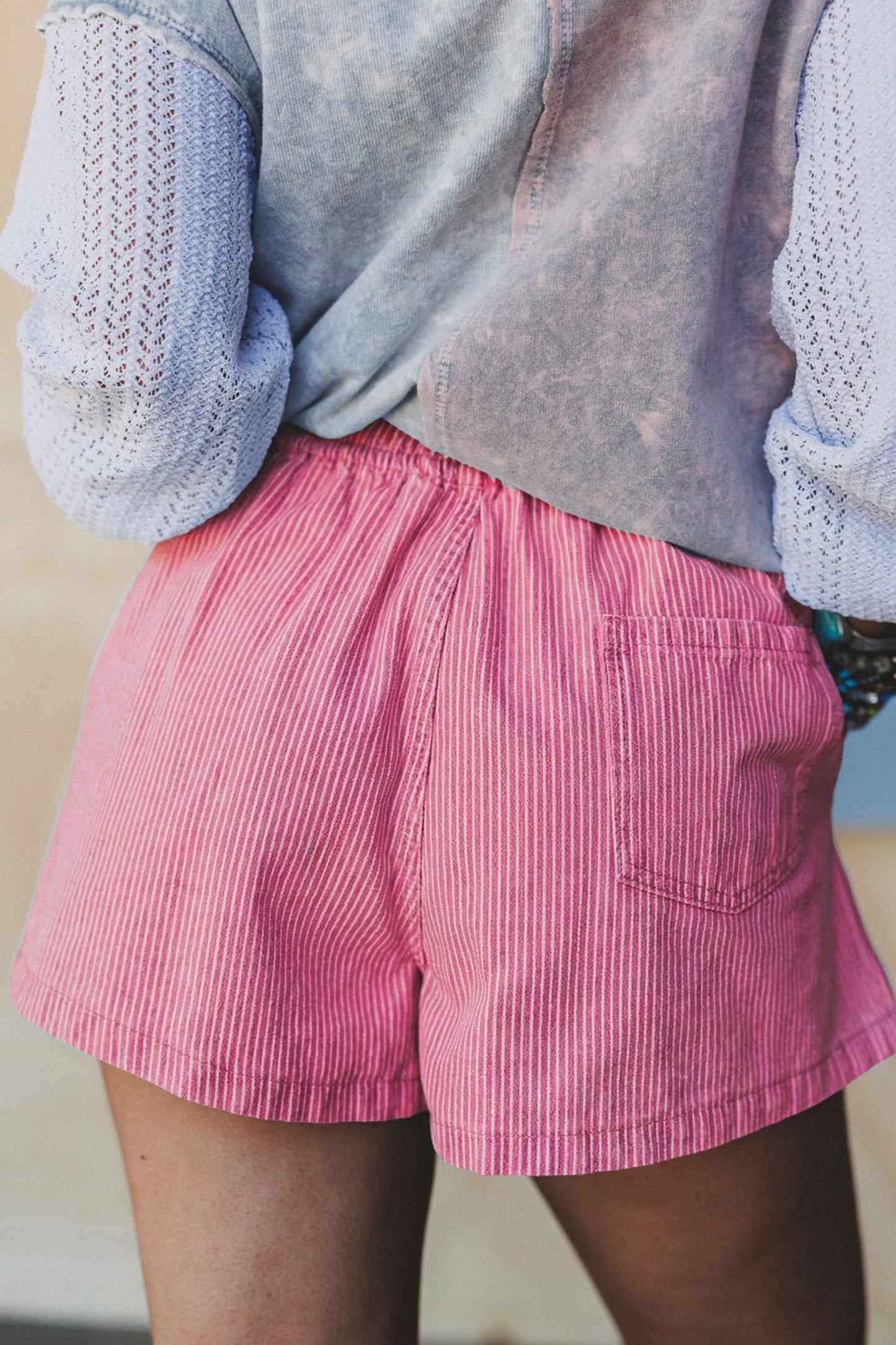 Blue Stripe Drawstring Elastic Waist Casual Denim Shorts