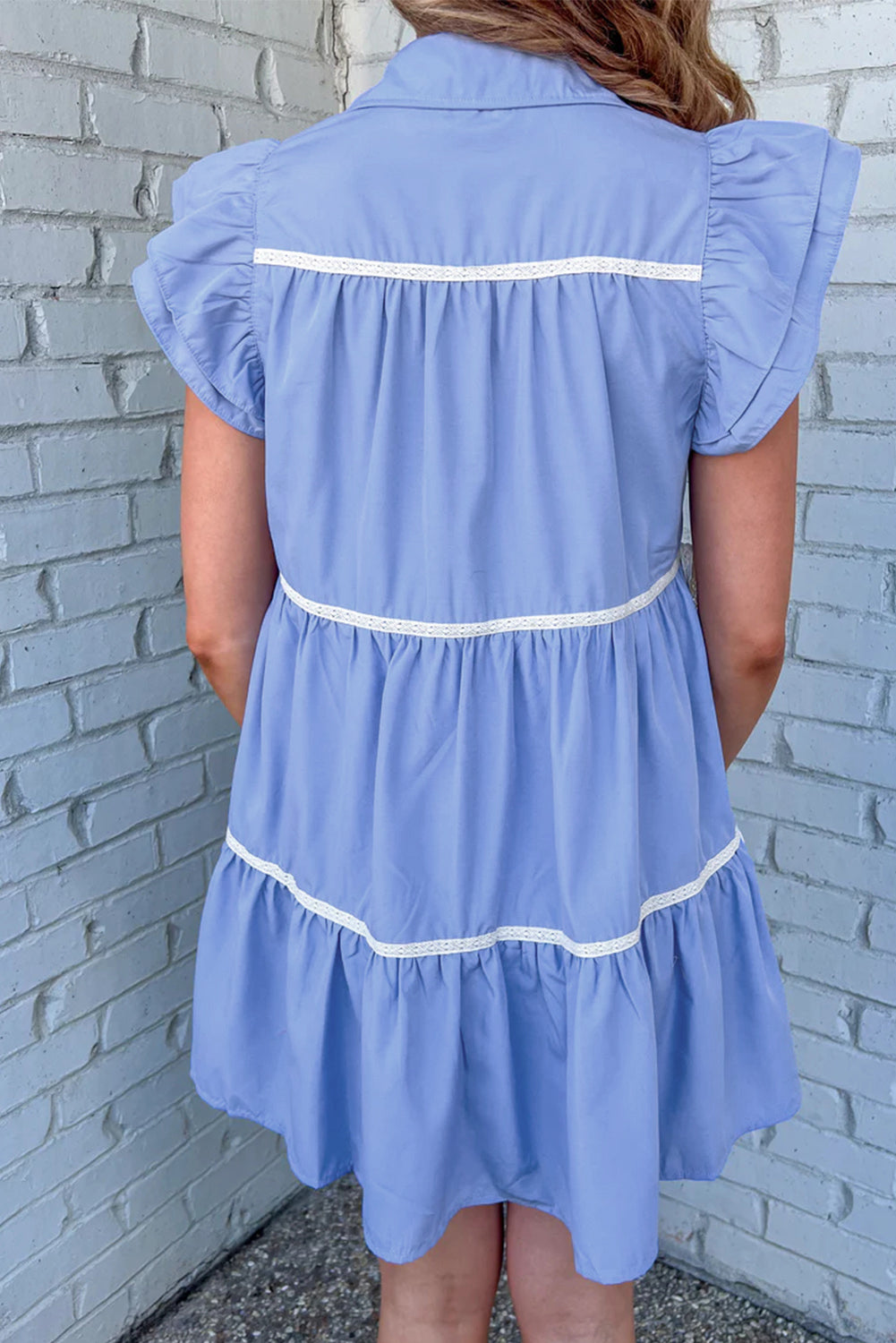 Wholesale Sky Blue Collared Ruffle Tiered Babydoll Dress