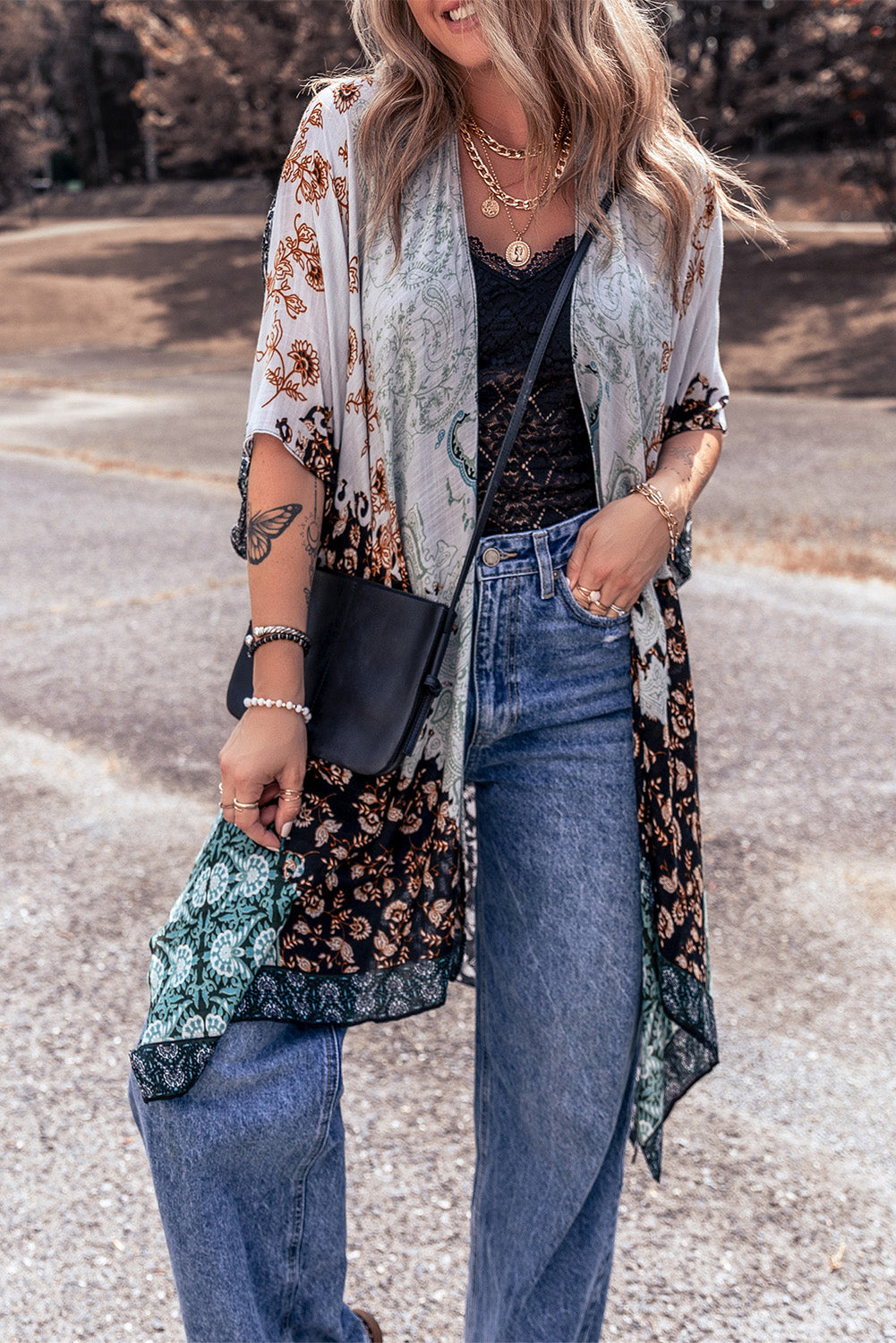 Green Boho Floral Print Irregular Hem Flowy Kimono