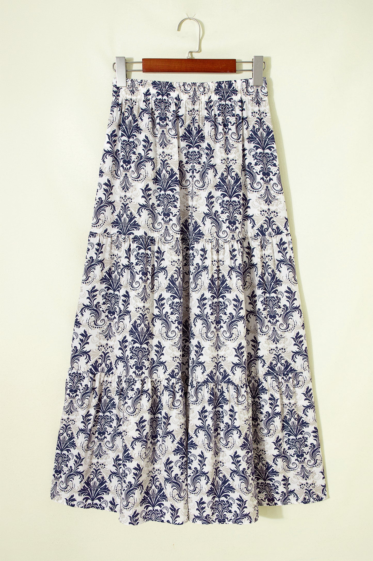 Blue Bohemian Floral Print Tiered Maxi Skirt with Split