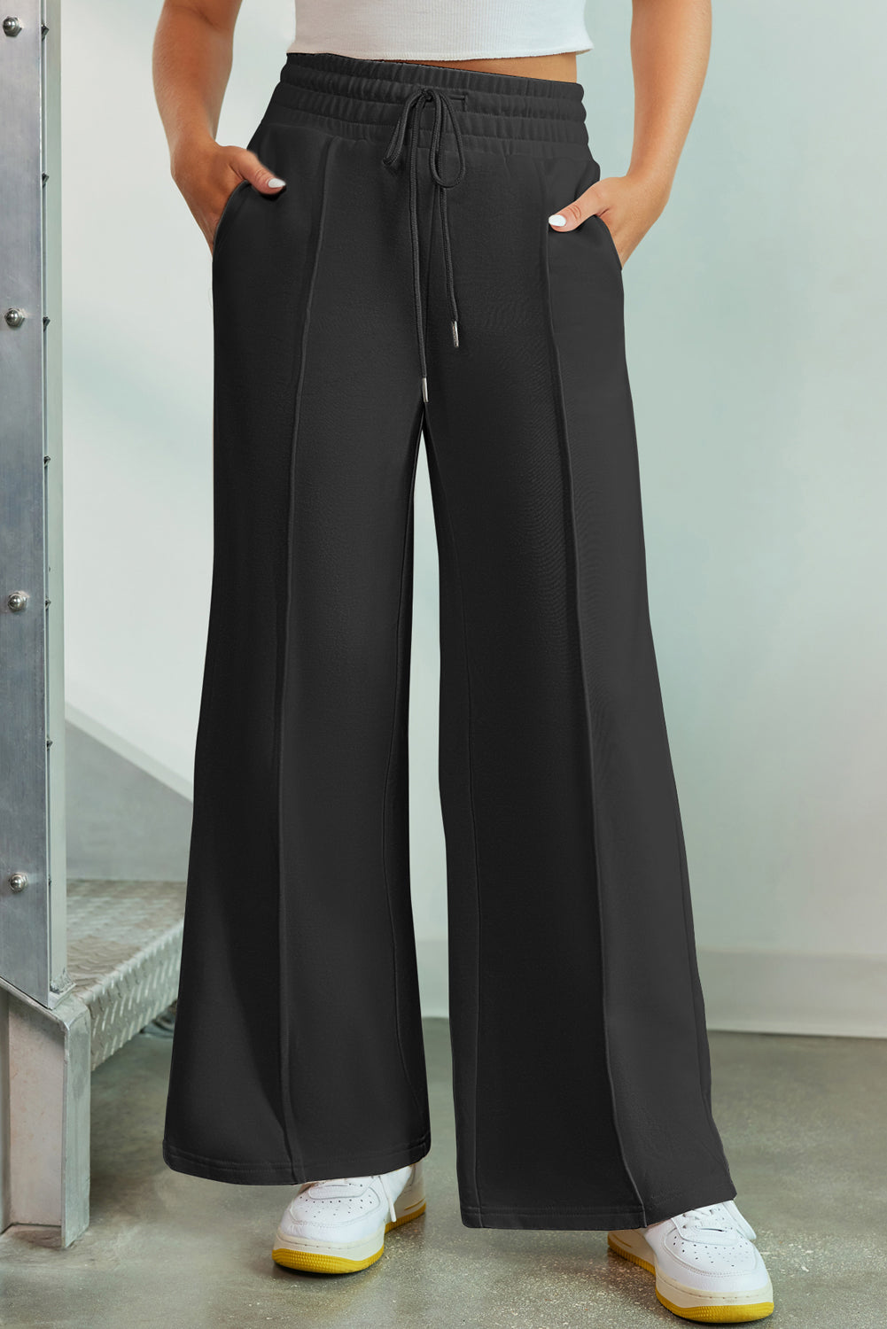 Black Drawstring Smocked Waist Wide Leg Pants