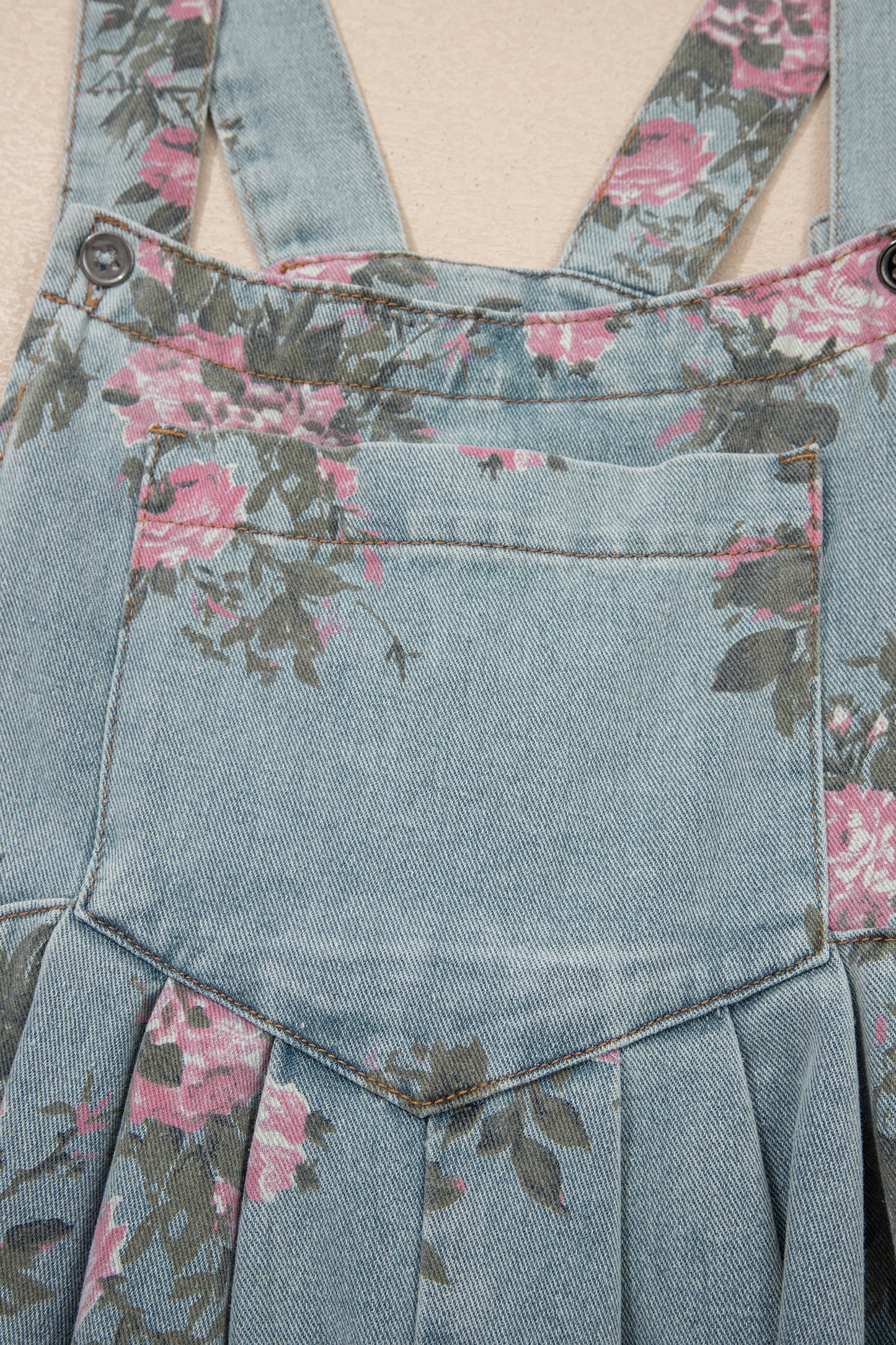 Blue Beau Floral Print Pleated High Waist Wide Leg Denim Jumpsuit