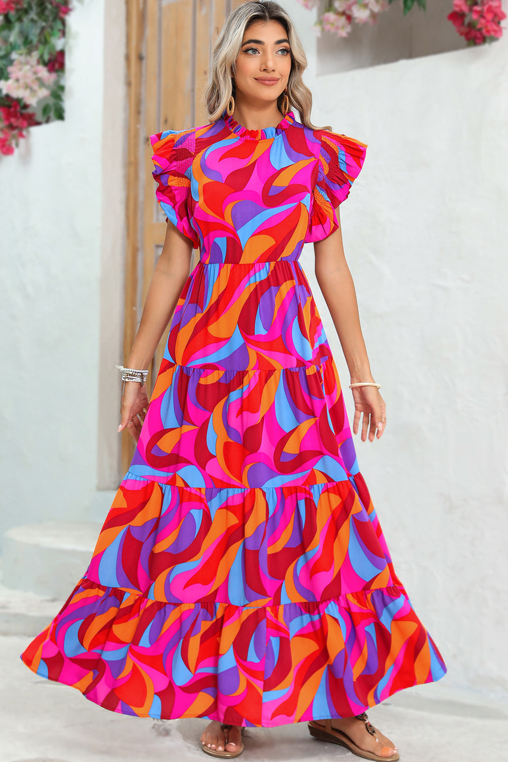 Orange Abstract Print High Waist Ruffle Tiered Maxi Dress