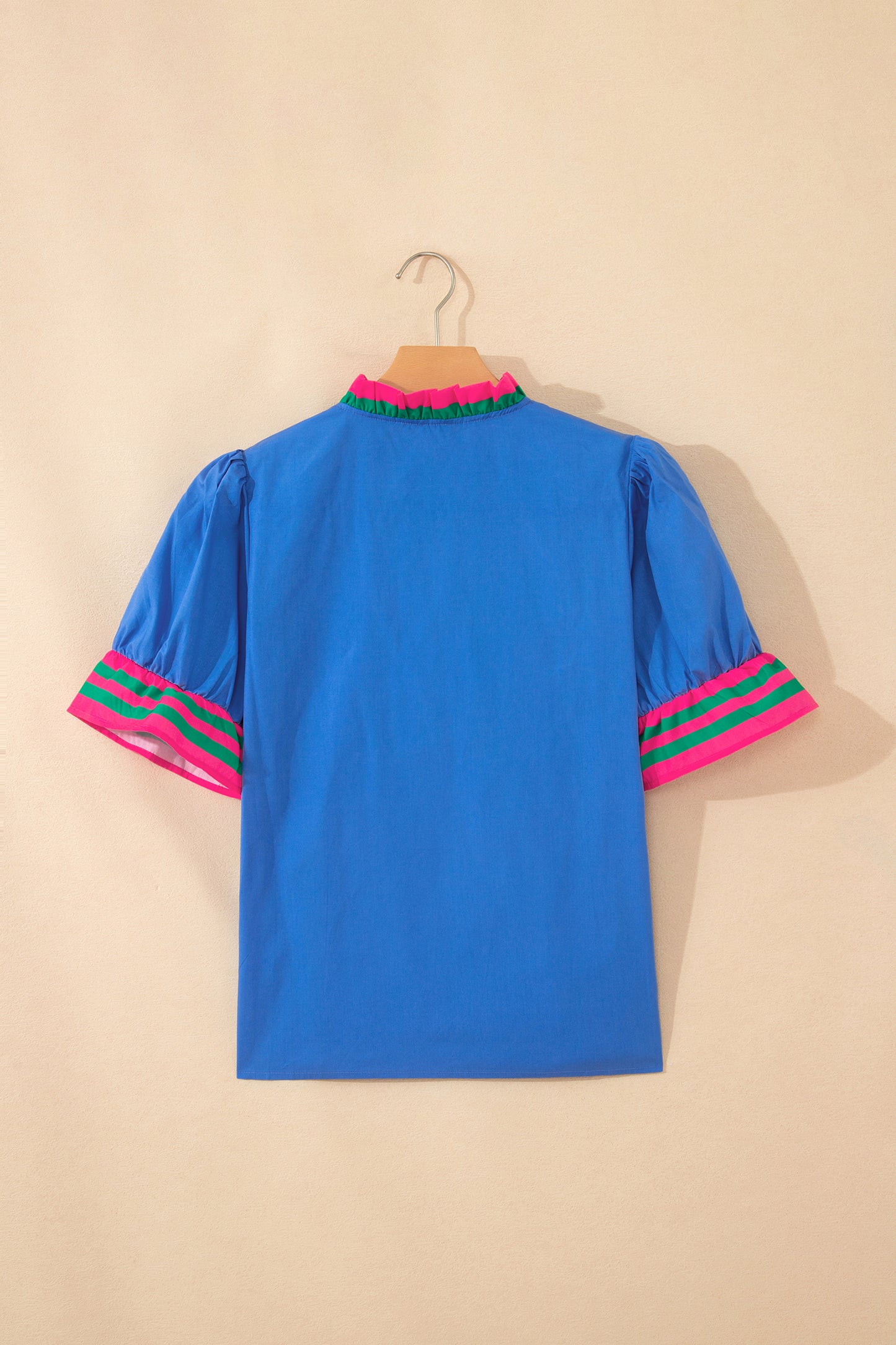 Fiery Red Striped Frilled Collar Ruffled Short Sleeve Blouse