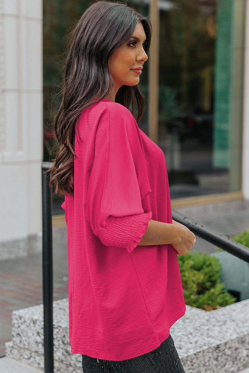 Pink Casual Shirred Cuffs Half Sleeve Top