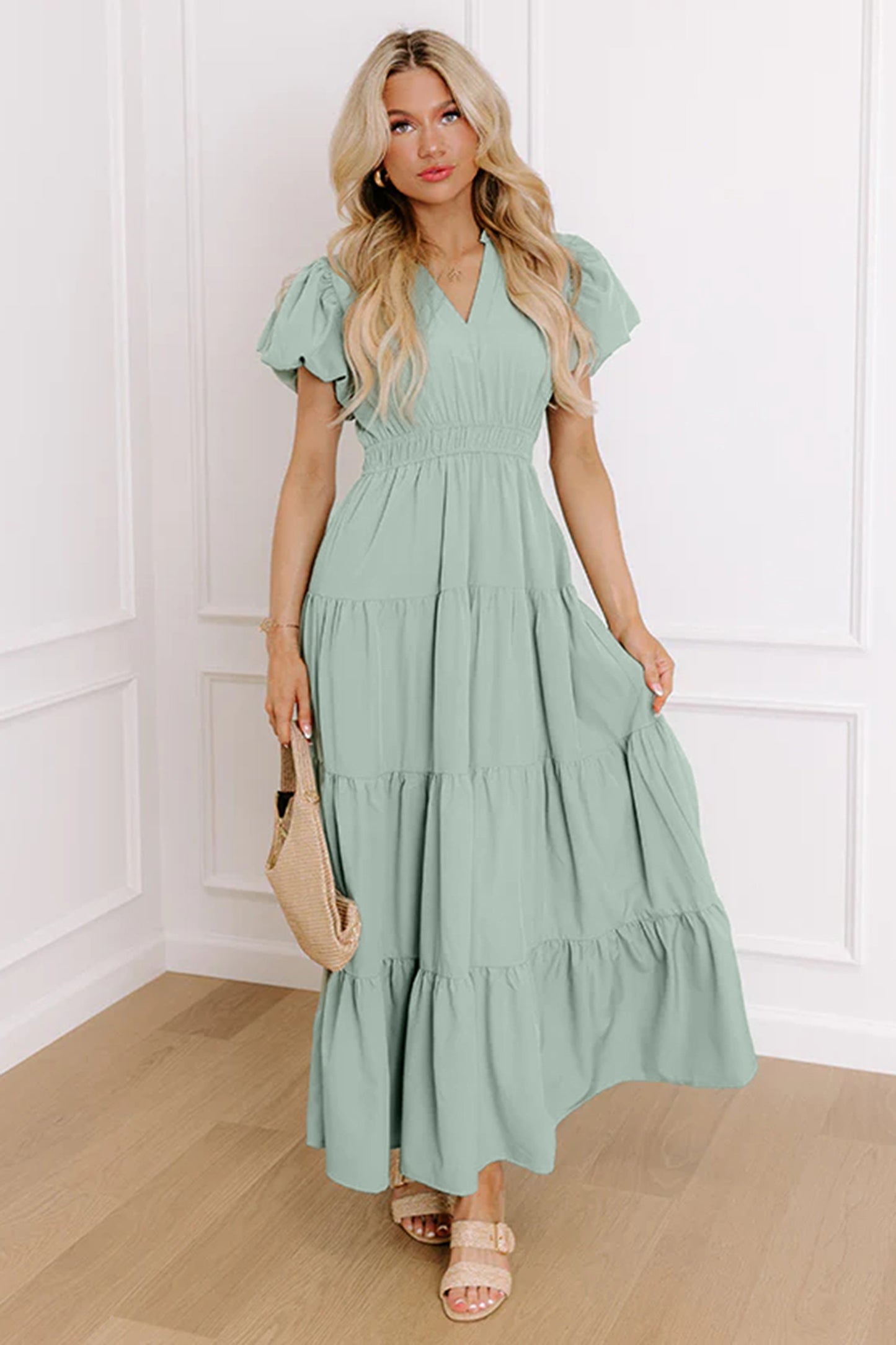 Lavendula Solid Color V Neck Short Puff Sleeve High Waist Tiered Maxi Dress