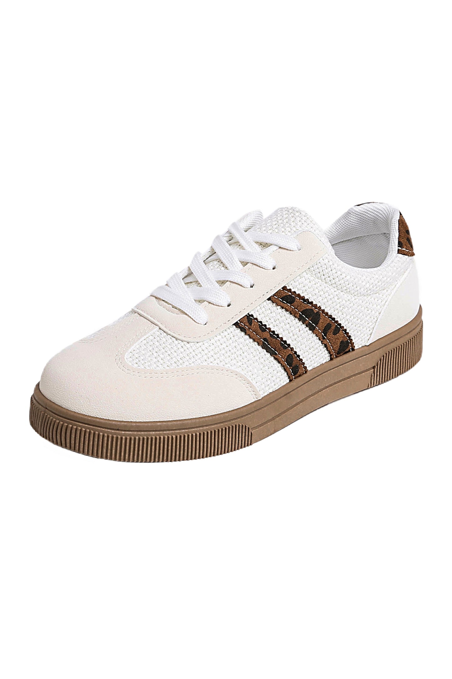 Coffee Textured Woven PU Leather Leopard Patchwork Flat Sneakers