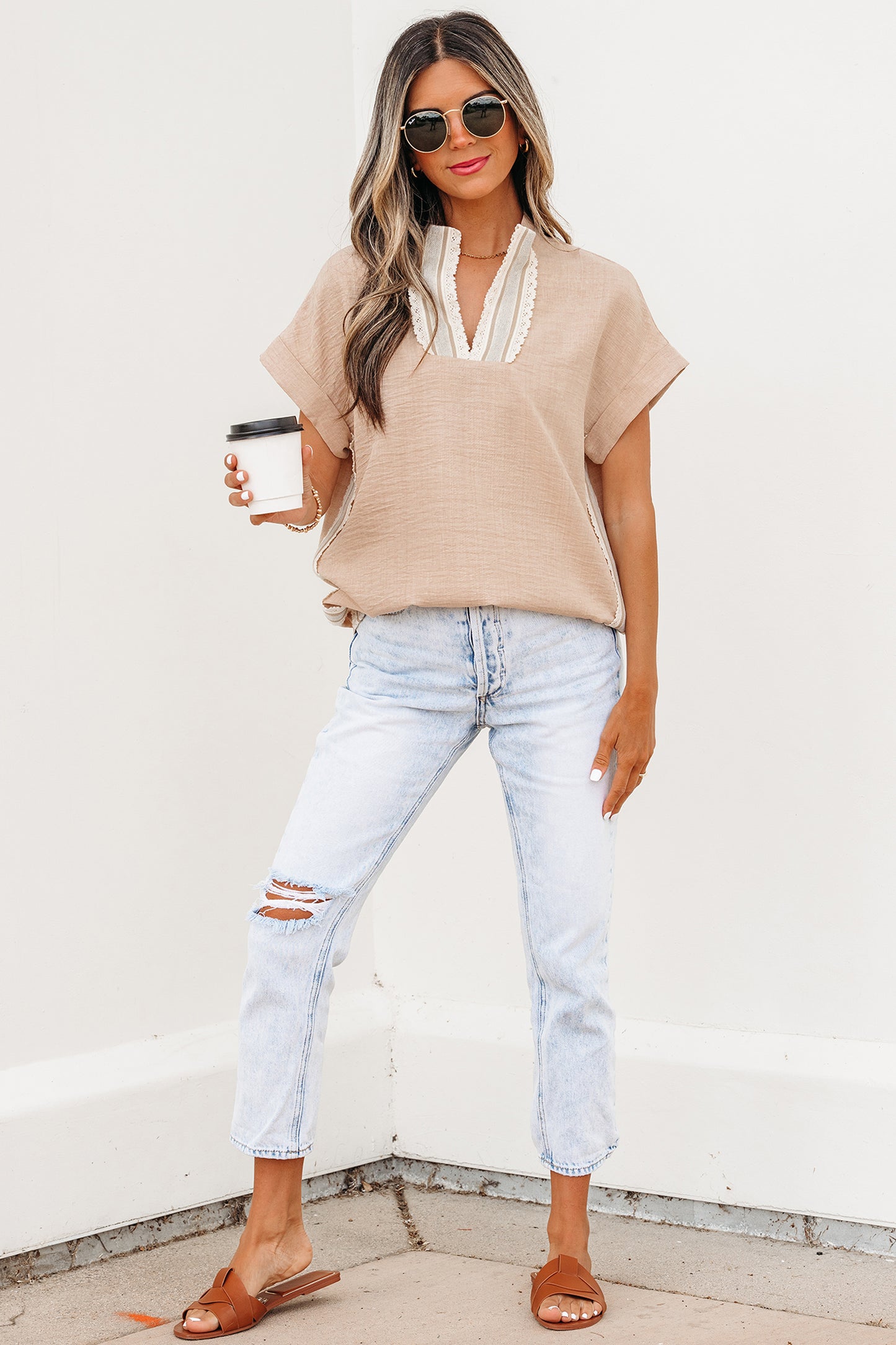 Beau Blue Crochet Lace Accent Pullover Rolled Short Sleeve Blouse