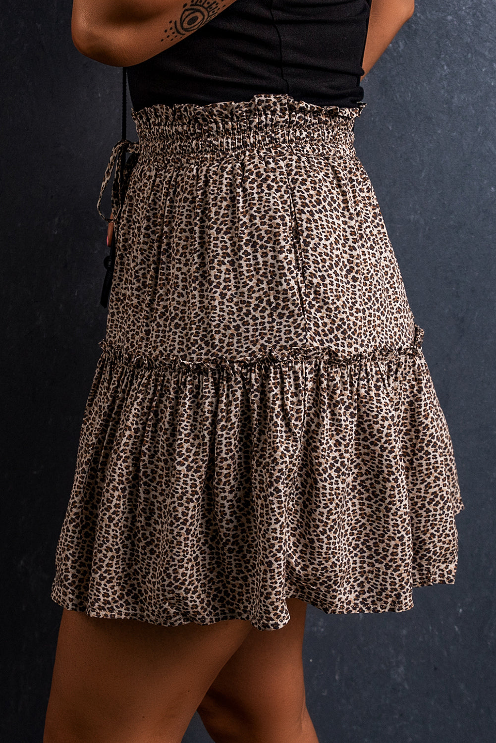 Beige Leopard Drawstring Frilly Short Skirt