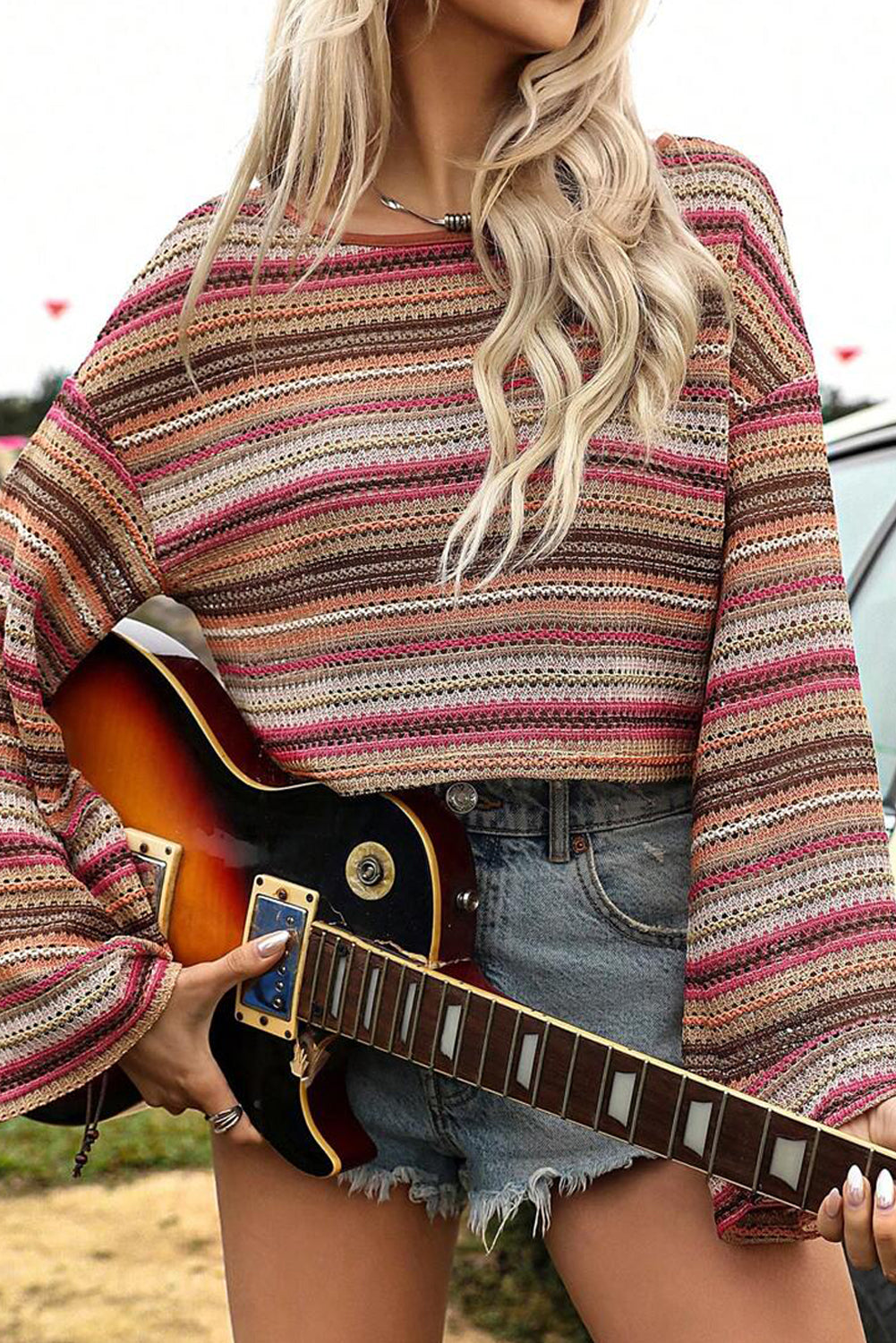 Rose Red Ethnic Striped Cropped Long Sleeve Top