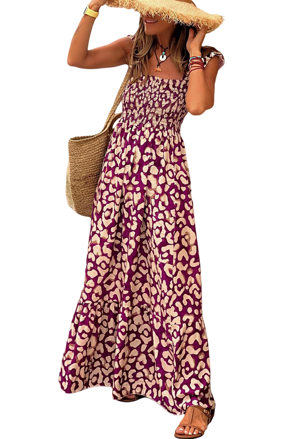 Pink Leopard Ruffle Straps Smocked High Waist Maxi Dress