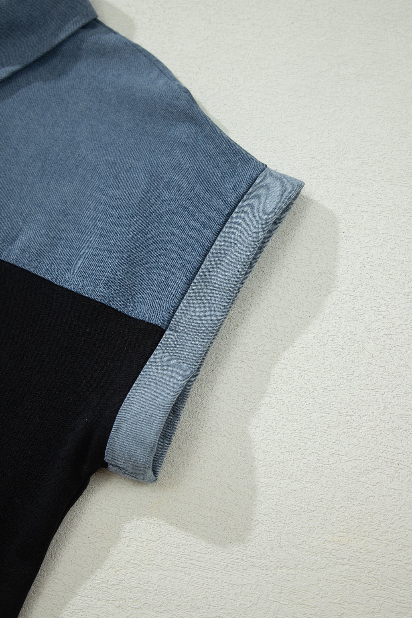 Light Grey Color Block Denim Patchwork Button Polo Collar Short Sleeve Top