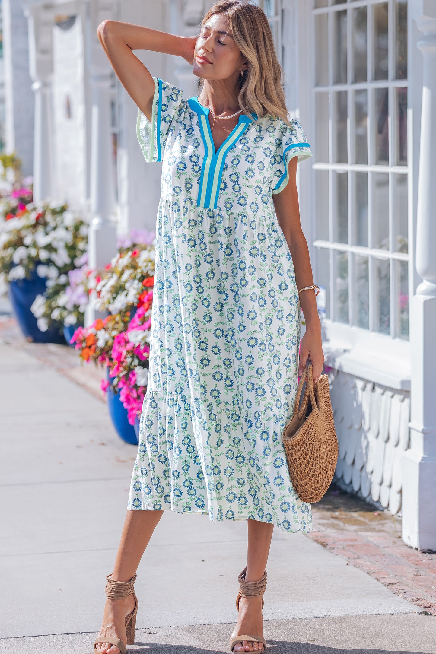 Red Cute Sunflower Printed Striped Patchwork Trim Flutter Sleeve Long Dress