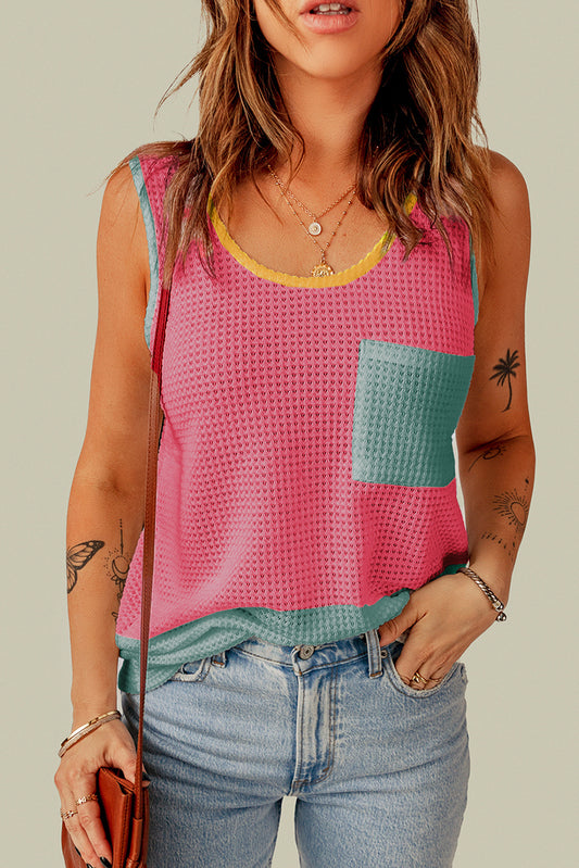 Strawberry Pink Color Block Patched Pocket Waffle Knit Tank Top