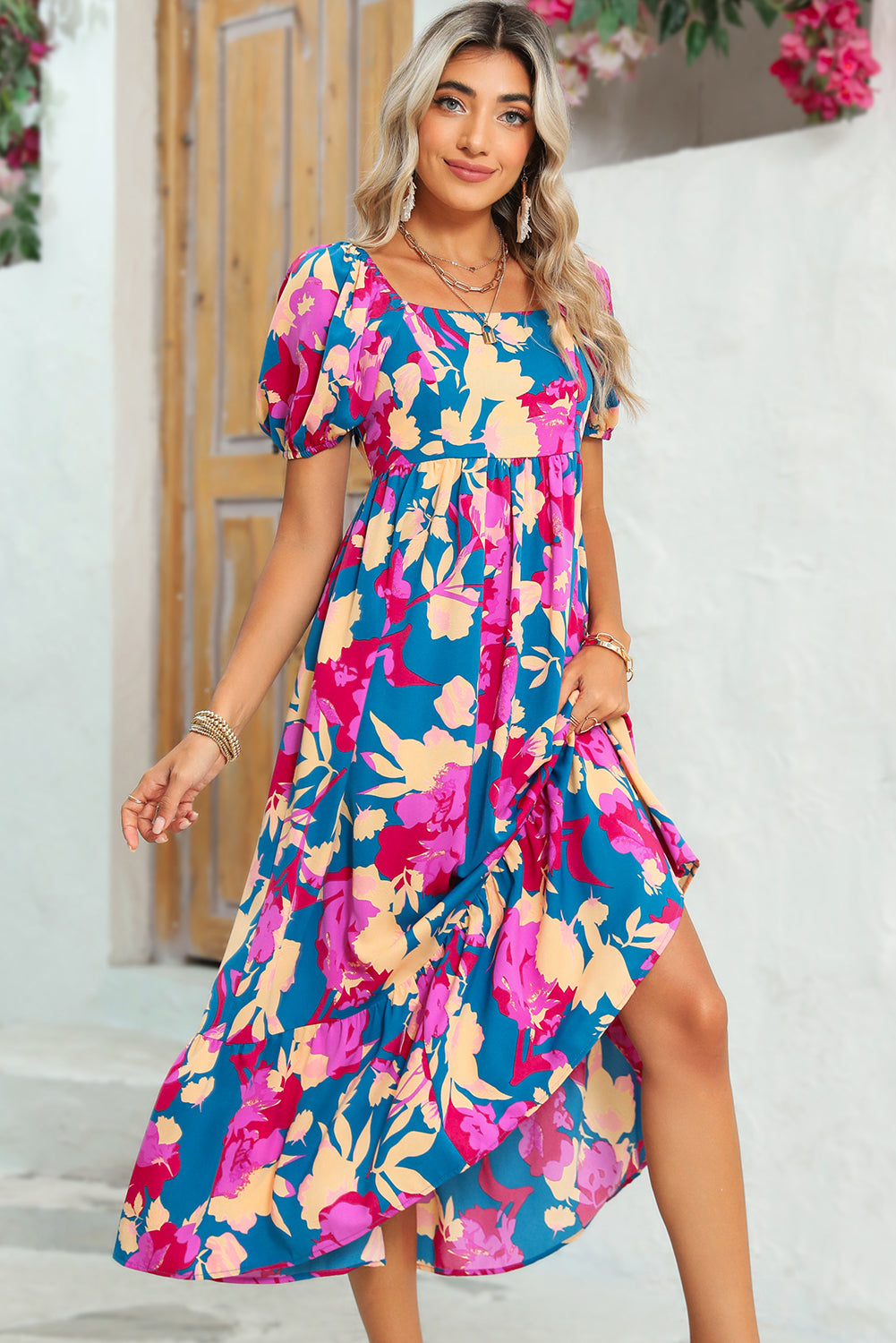 Dark Blue Square Neck Bubble Sleeve Ruffle Hem Floral Dress