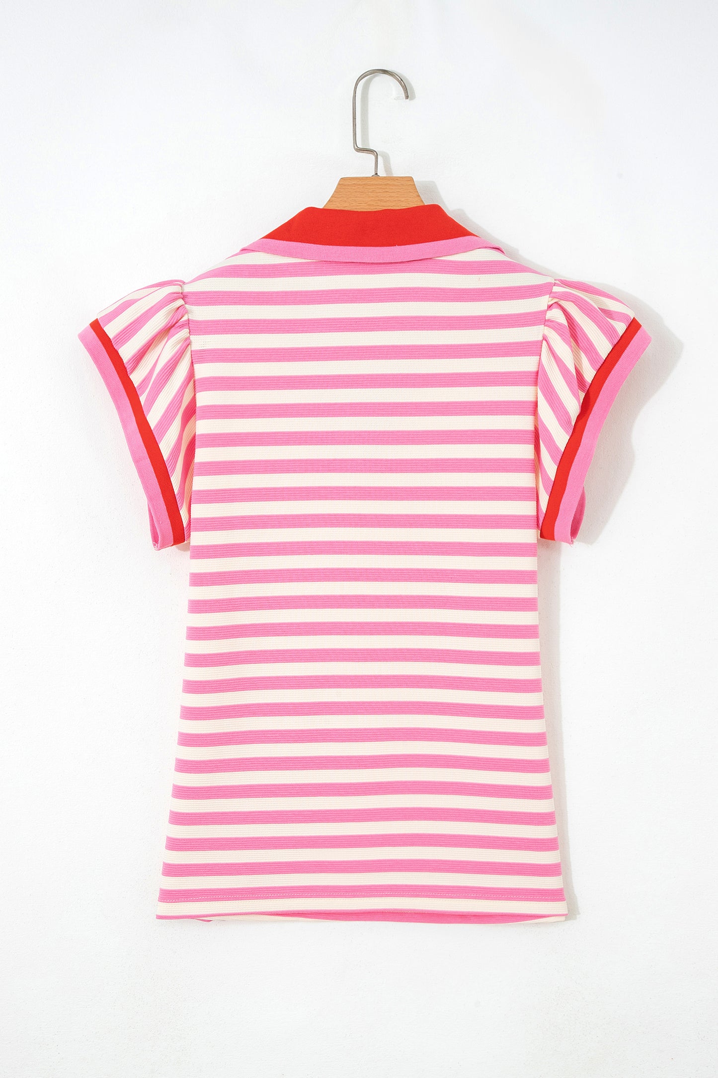 Green Stripe Contrast Trim Polo Collar Ruffled Short Sleeve Blouse