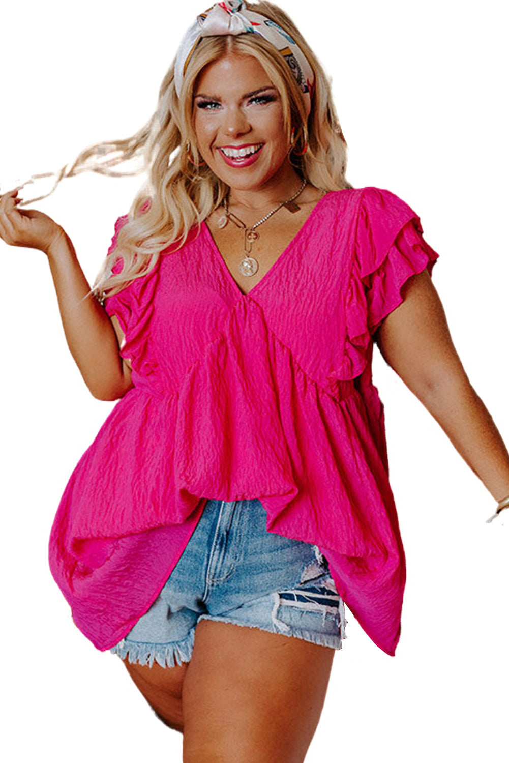 Pink Crinkle V Neck Tie Back Ruffle Plus Size Top